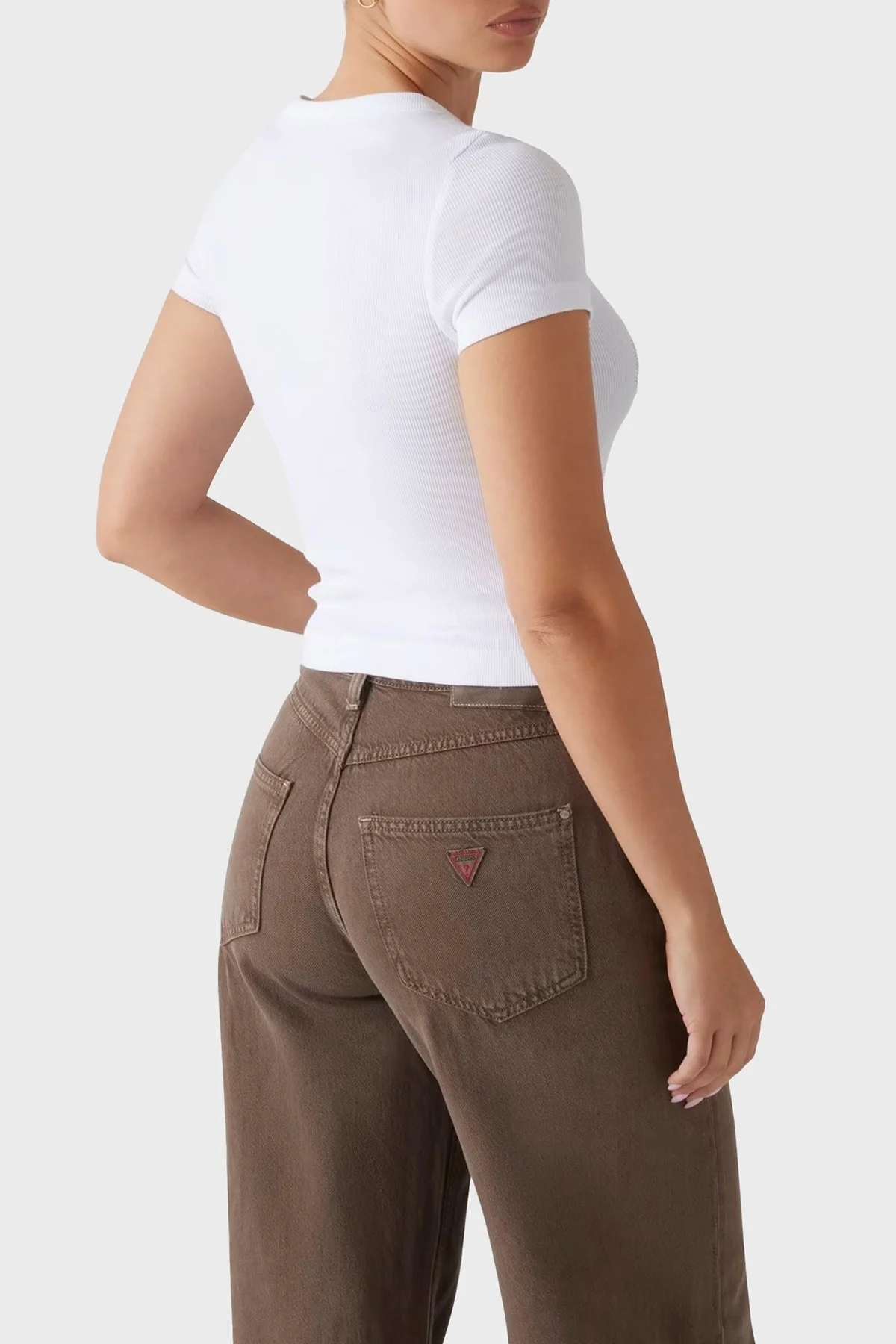 Guess Ss Cn Rib Logolu Streç Pamuklu Slim Fit Bisiklet Yaka W5RI68KA0H1 Bayan T Shirt W5RI68 KA0H1 G011 BEYAZ - 7