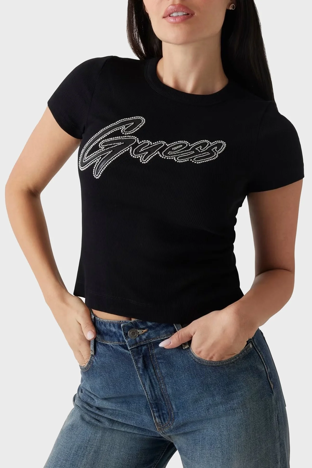 Guess Ss Cn Rib Logolu Streç Pamuklu Slim Fit Bisiklet Yaka W5RI68KA0H1 Bayan T Shirt W5RI68 KA0H1 JBLK SİYAH - 7