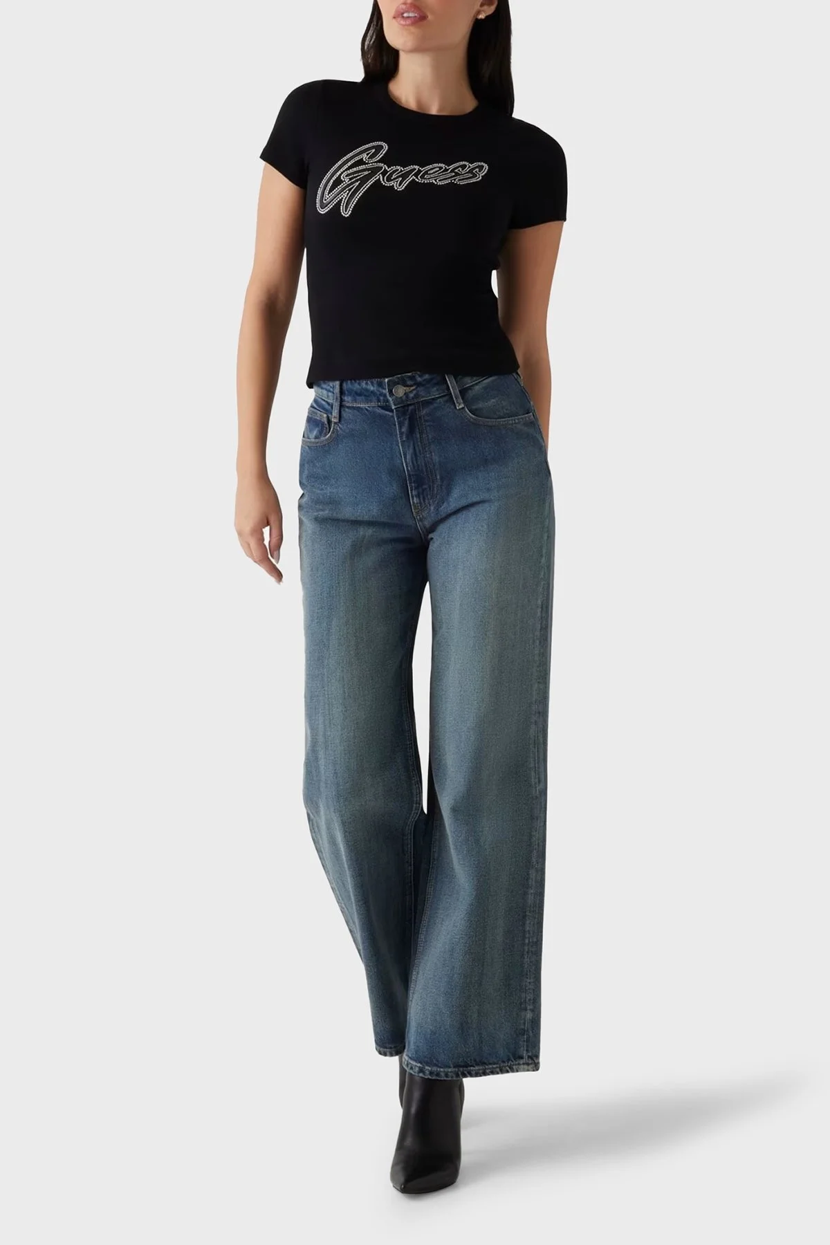 Guess Ss Cn Rib Logolu Streç Pamuklu Slim Fit Bisiklet Yaka W5RI68KA0H1 Bayan T Shirt W5RI68 KA0H1 JBLK SİYAH - 8