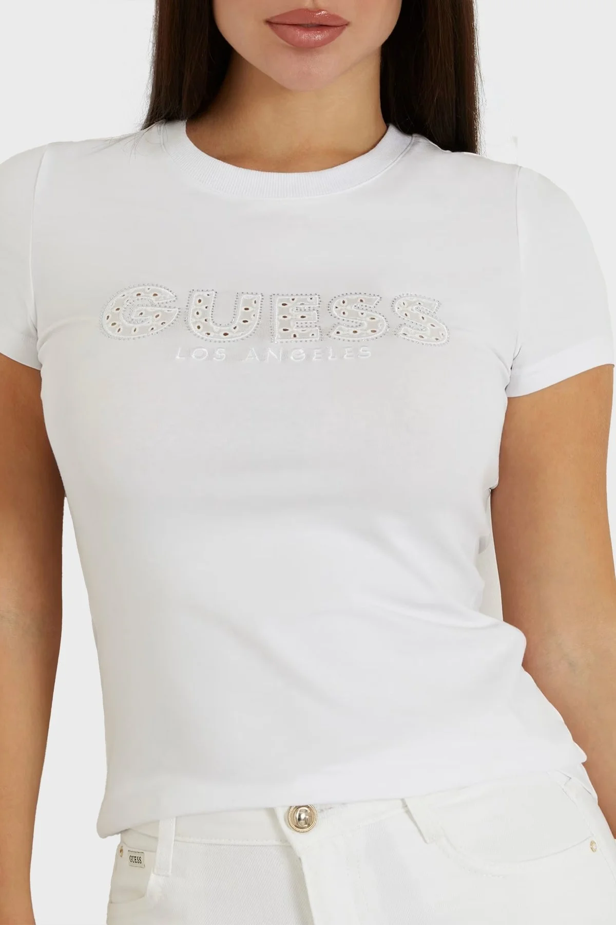 Guess Ss Cn Sangallo Streç Pamuklu Slim Fit W4GI14J1314 Bayan T Shirt W4GI14 J1314 G011 BEYAZ - 3