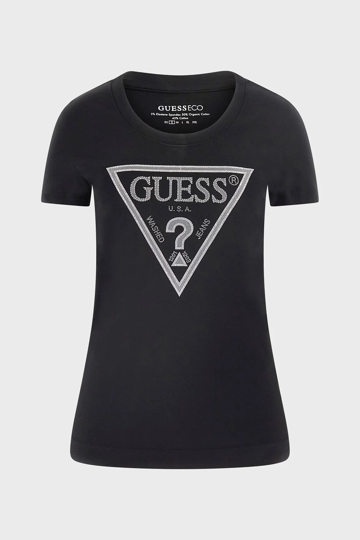 Guess Ss Cn Shıny Pamuklu Slim Fit Taşlı Üçgen Logolu W5RI11J1314 Bayan T Shirt W5RI11 J1314 JBLK SİYAH - 10