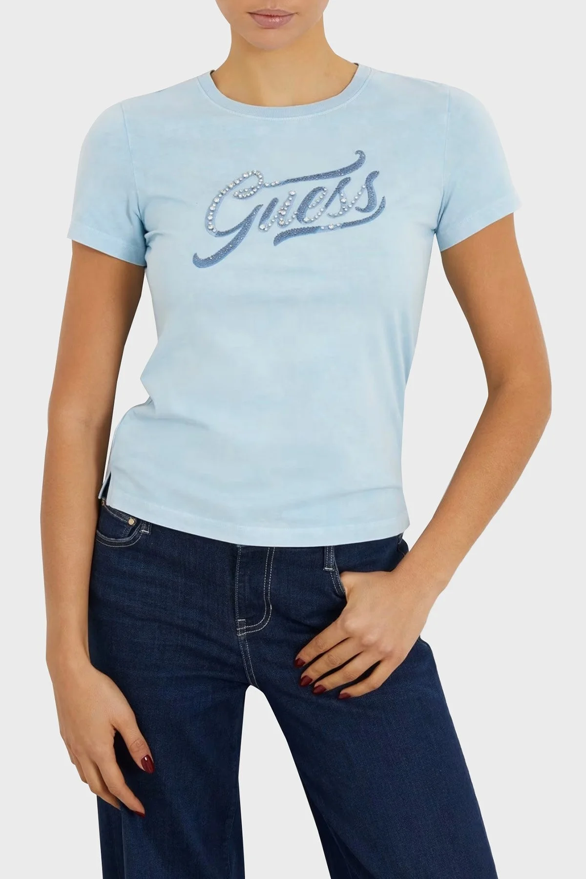 Guess Ss Cn Stone & Embro Pamuklu Regular Fit W4RI52 I3Z14 Bayan T Shirt W4RI52I3Z14 F7XR MİNT - 1