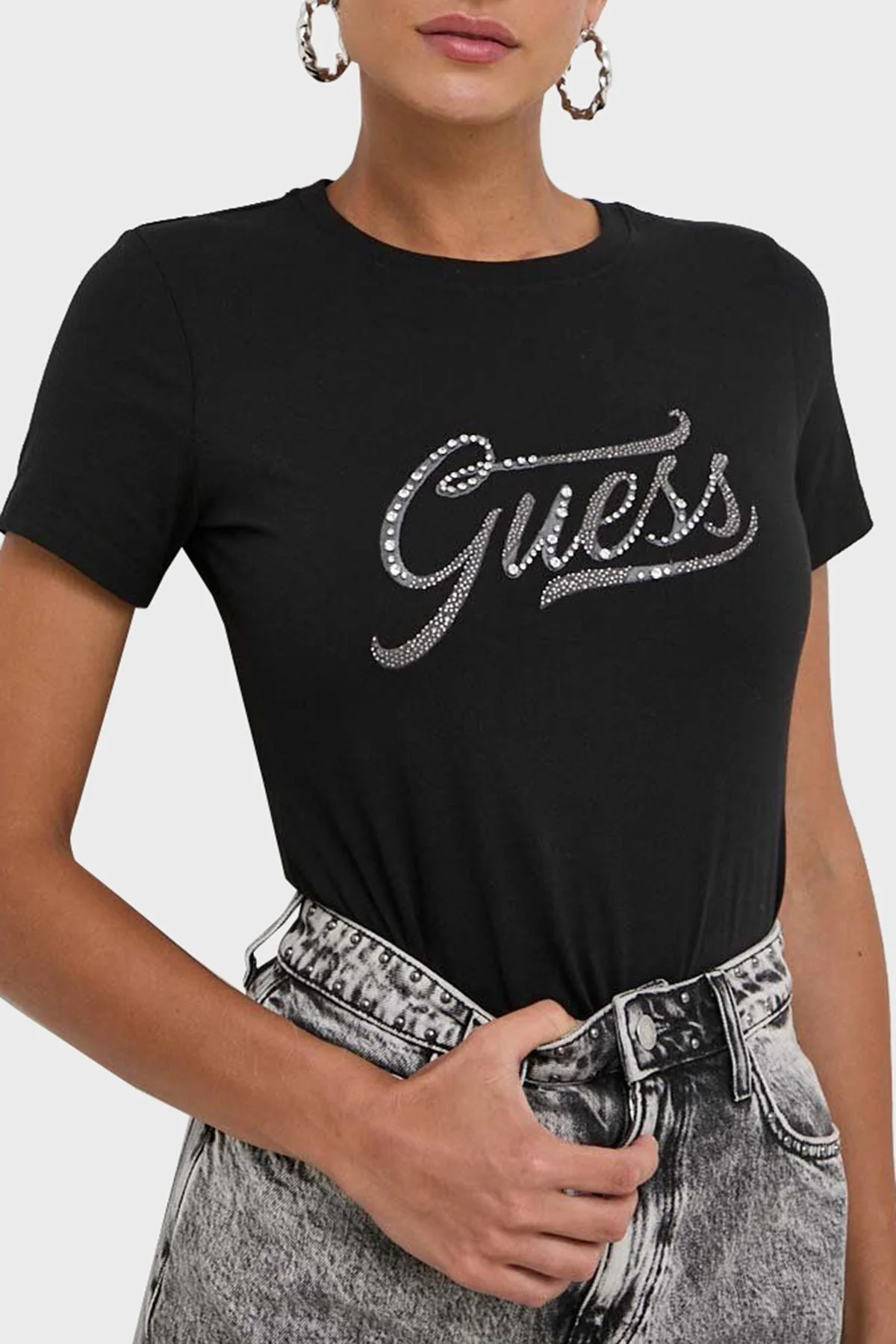 Guess Ss Cn Stone & Embro Pamuklu Regular Fit W4RI52 I3Z14 Bayan T Shirt W4RI52I3Z14 JBLK SİYAH - 1