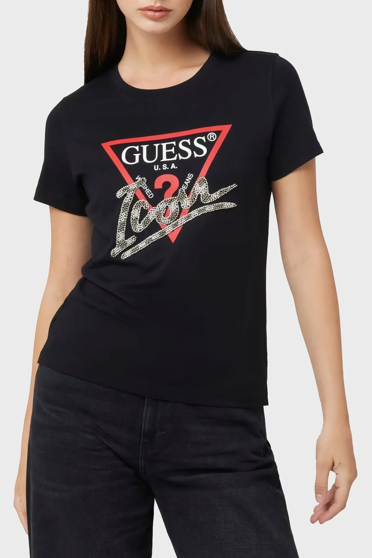Guess Ss Cn Triangle % 100 Pamuk Regular Fit Logolu W5RI10I3Z14 Bayan T Shirt W5RI10 I3Z14 JBLK SİYAH - 6