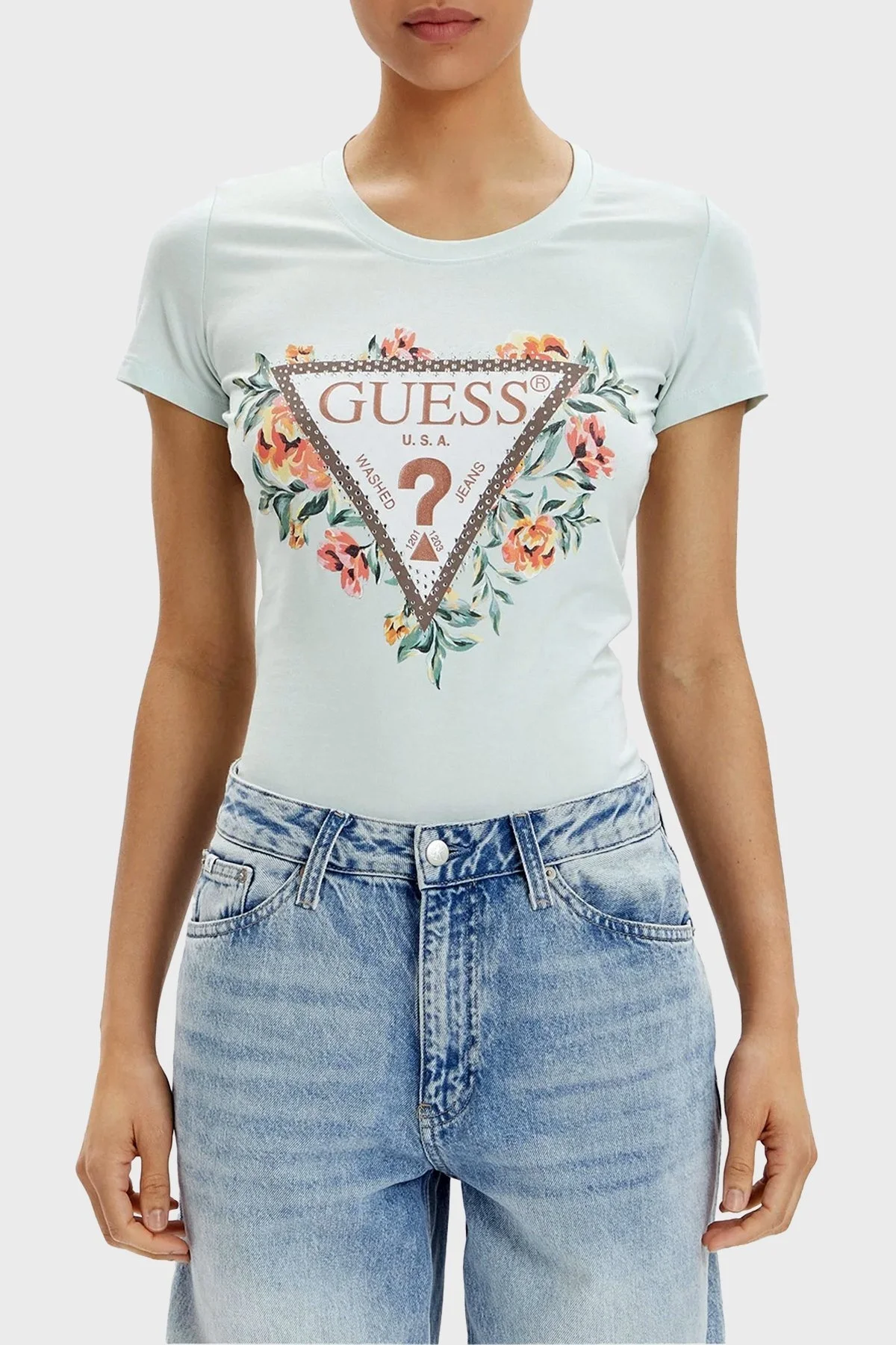 Guess Ss Cn Triangle Streç Pamuklu Slim Fit W4GI24J1314 Bayan T Shirt W4GI24 J1314 A72C MİNT - 1