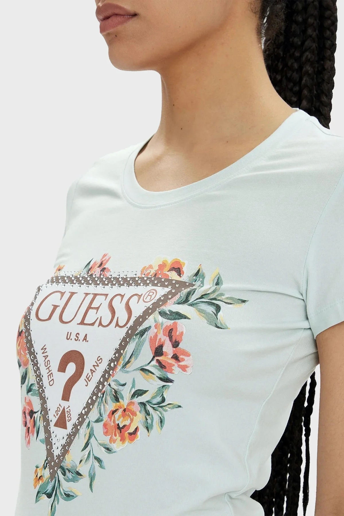 Guess Ss Cn Triangle Streç Pamuklu Slim Fit W4GI24J1314 Bayan T Shirt W4GI24 J1314 A72C MİNT - 5