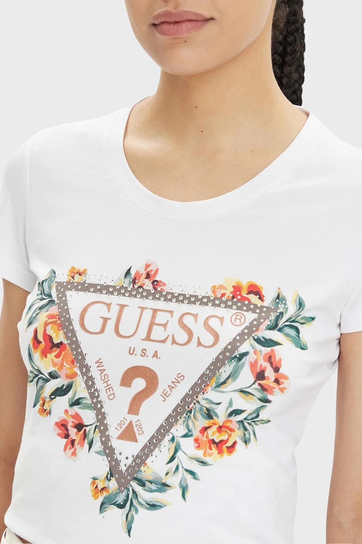Guess Ss Cn Triangle Streç Pamuklu Slim Fit W4GI24J1314 Bayan T Shirt W4GI24 J1314 G011 BEYAZ - 4