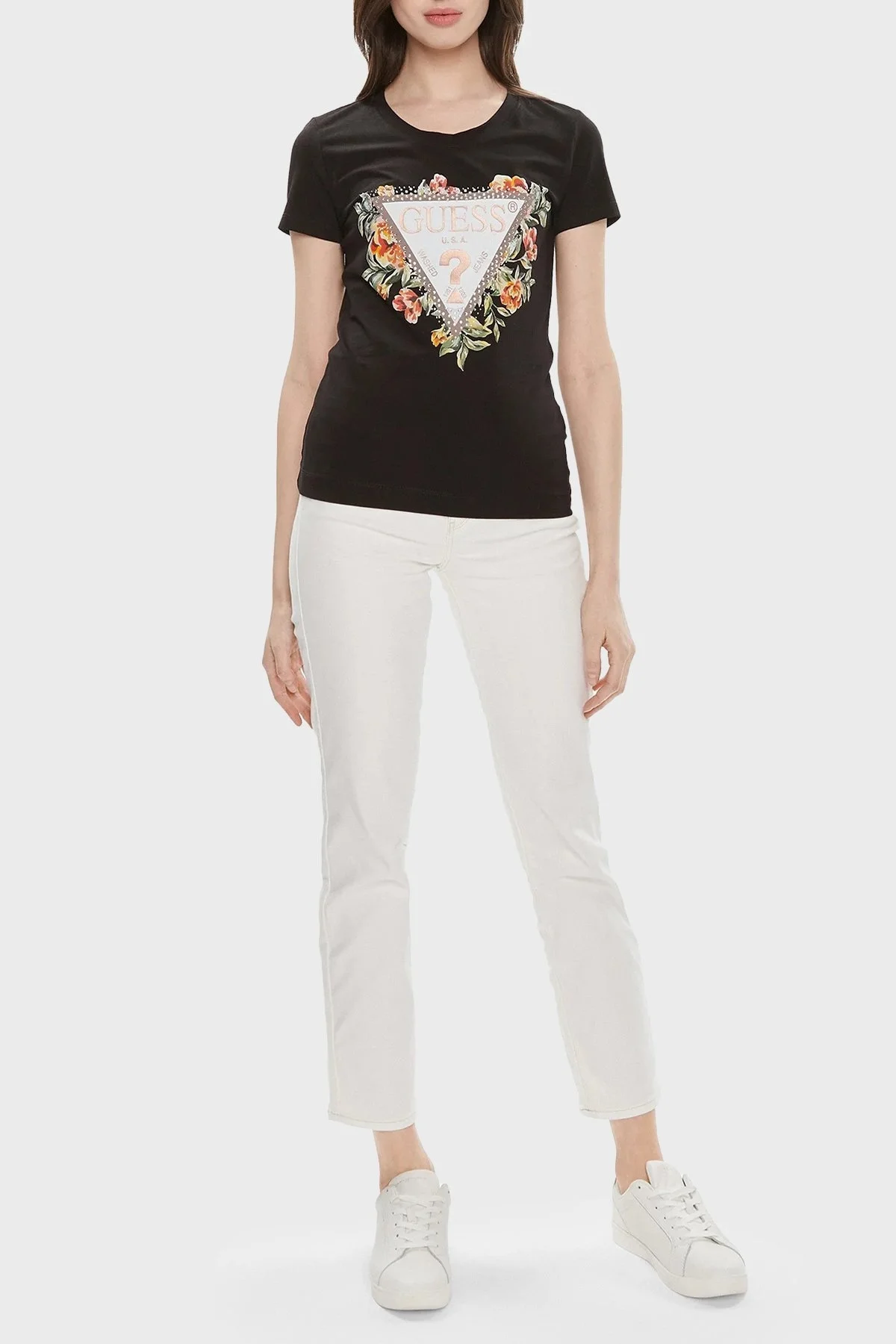 Guess Ss Cn Triangle Streç Pamuklu Slim Fit W4GI24J1314 Bayan T Shirt W4GI24 J1314 JBLK SİYAH - 3