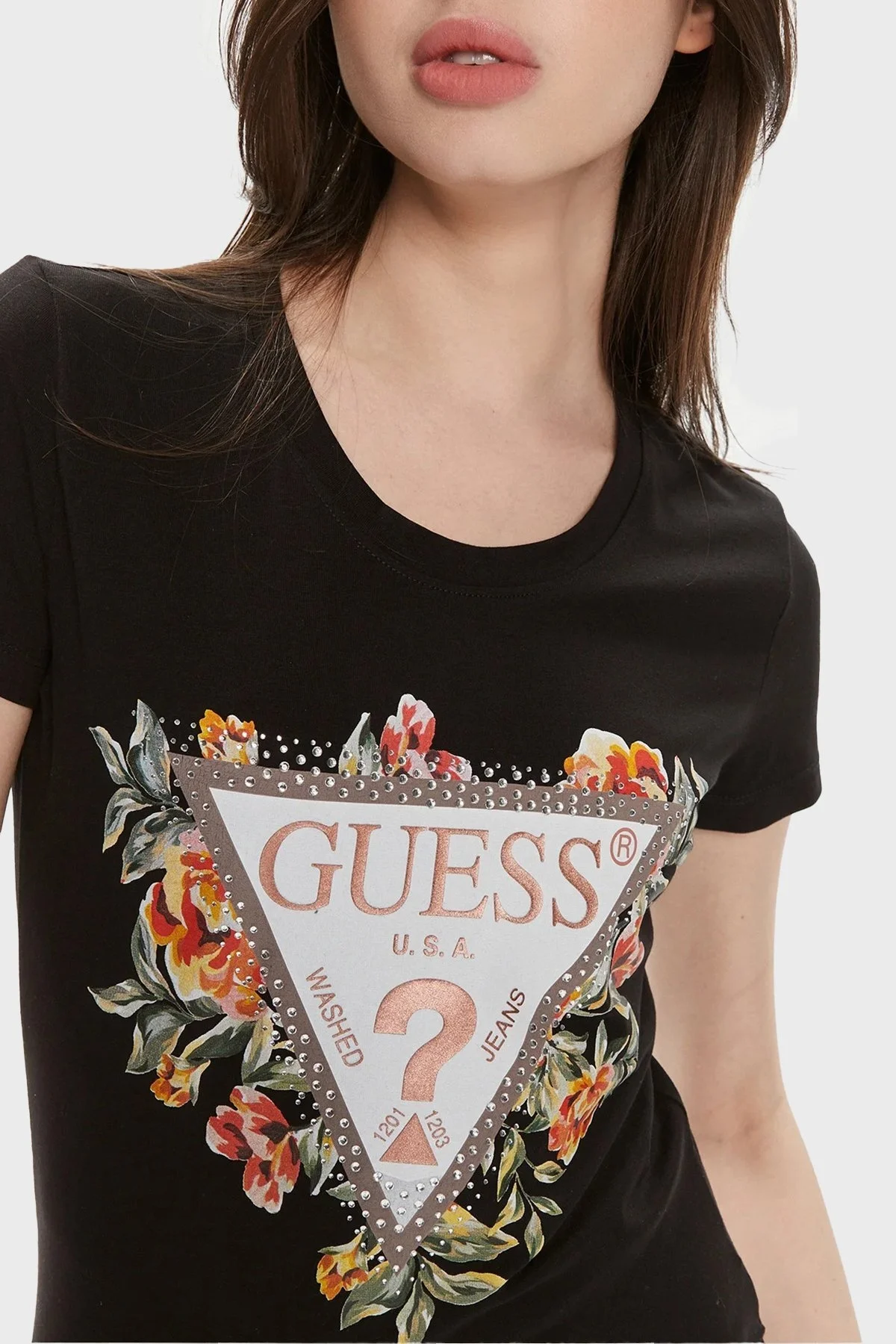 Guess Ss Cn Triangle Streç Pamuklu Slim Fit W4GI24J1314 Bayan T Shirt W4GI24 J1314 JBLK SİYAH - 4