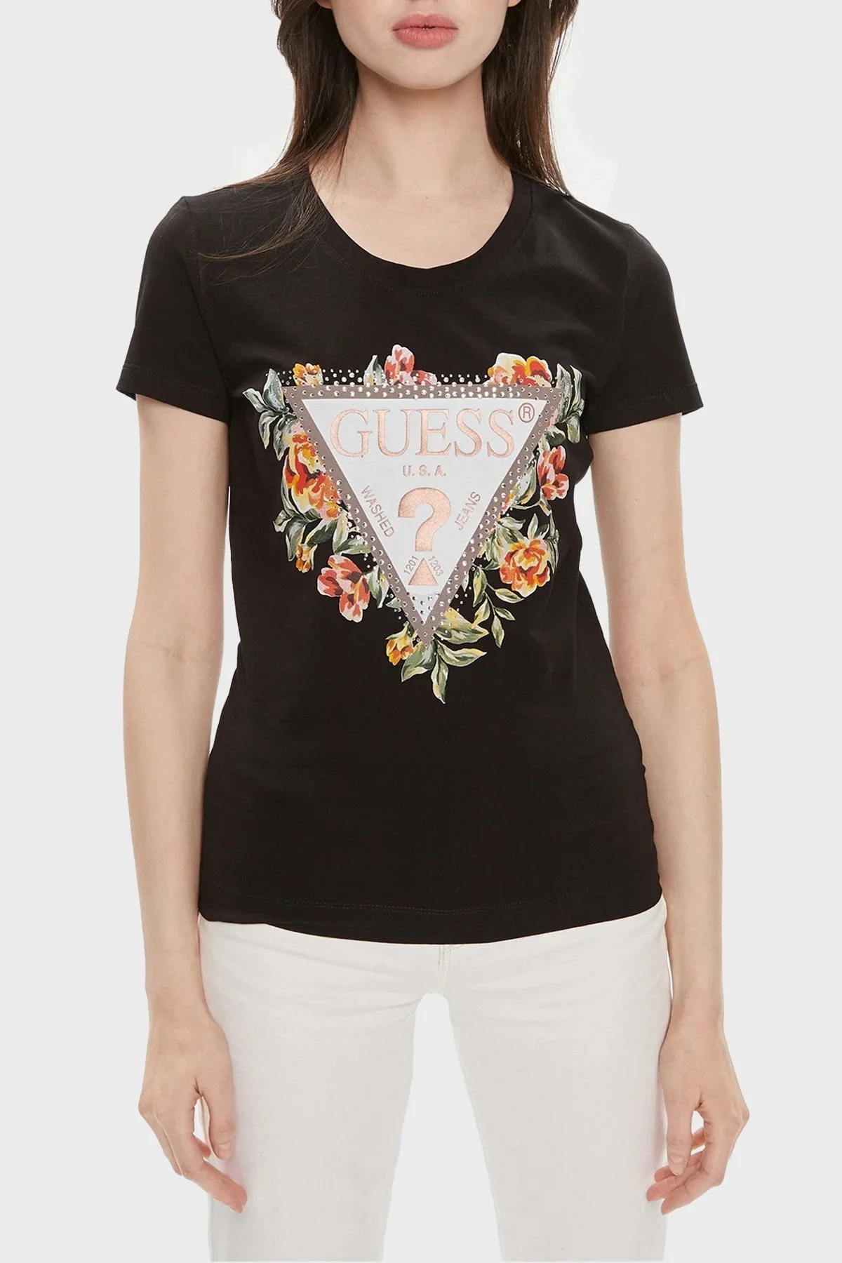 Guess Ss Cn Triangle Streç Pamuklu Slim Fit W4GI24J1314 Bayan T Shirt W4GI24 J1314 JBLK SİYAH - 6