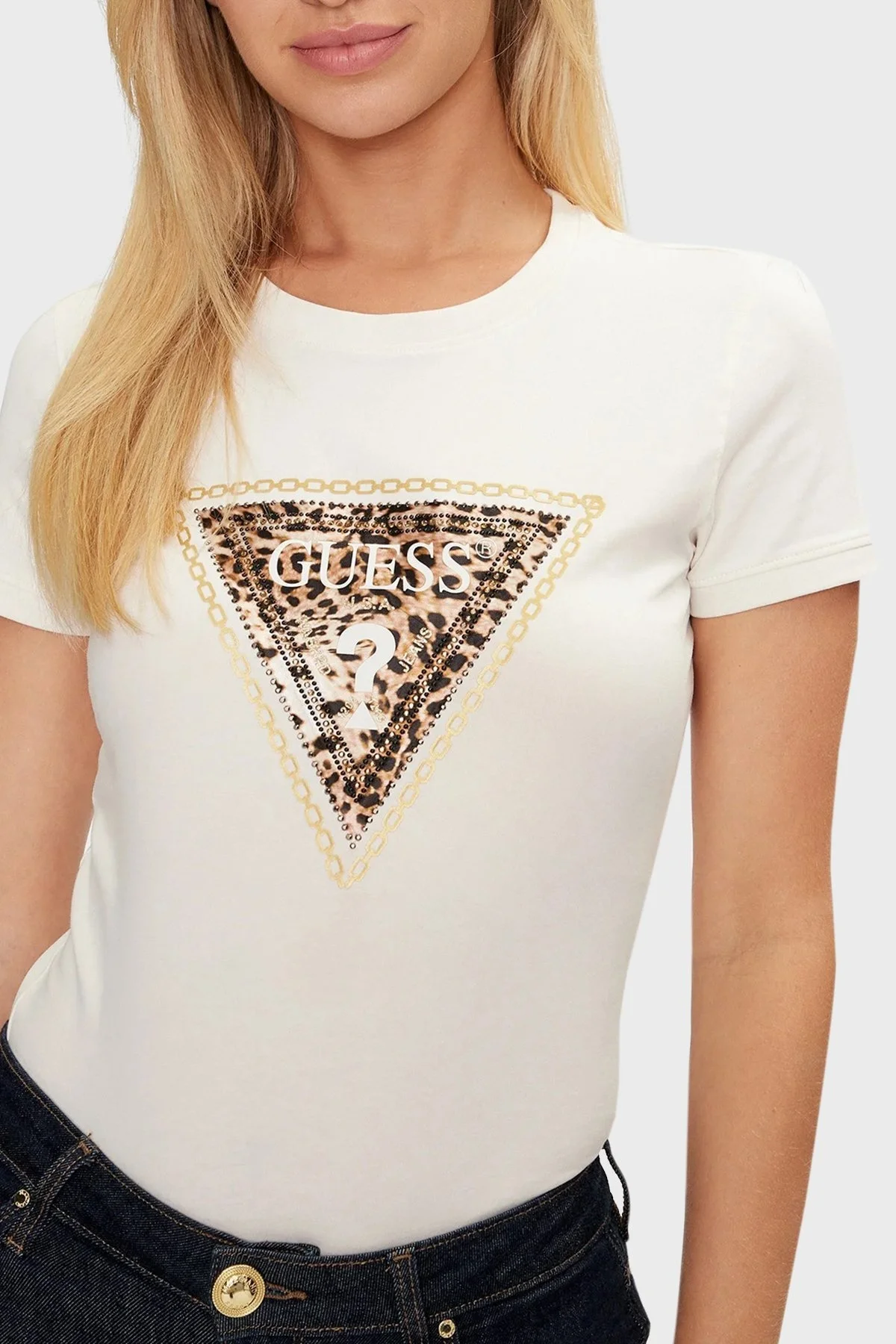 Guess Ss Cn Triangle Streç Pamuklu Slim Fit W4YI40J1314 Bayan T Shirt W4YI40 J1314 G012 BEYAZ - 4