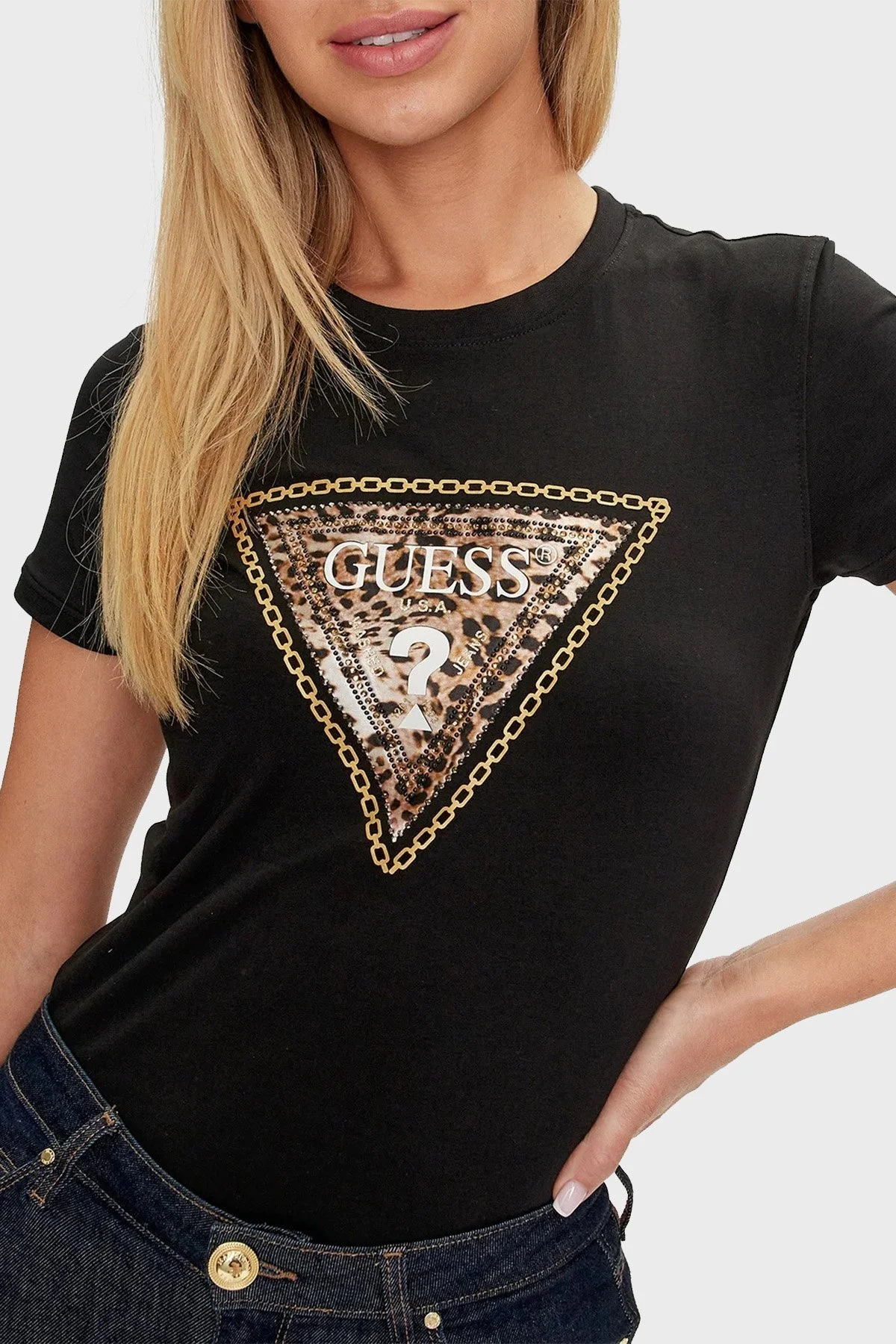 Guess Ss Cn Triangle Streç Pamuklu Slim Fit W4YI40J1314 Bayan T Shirt W4YI40 J1314 JBLK SİYAH - 4