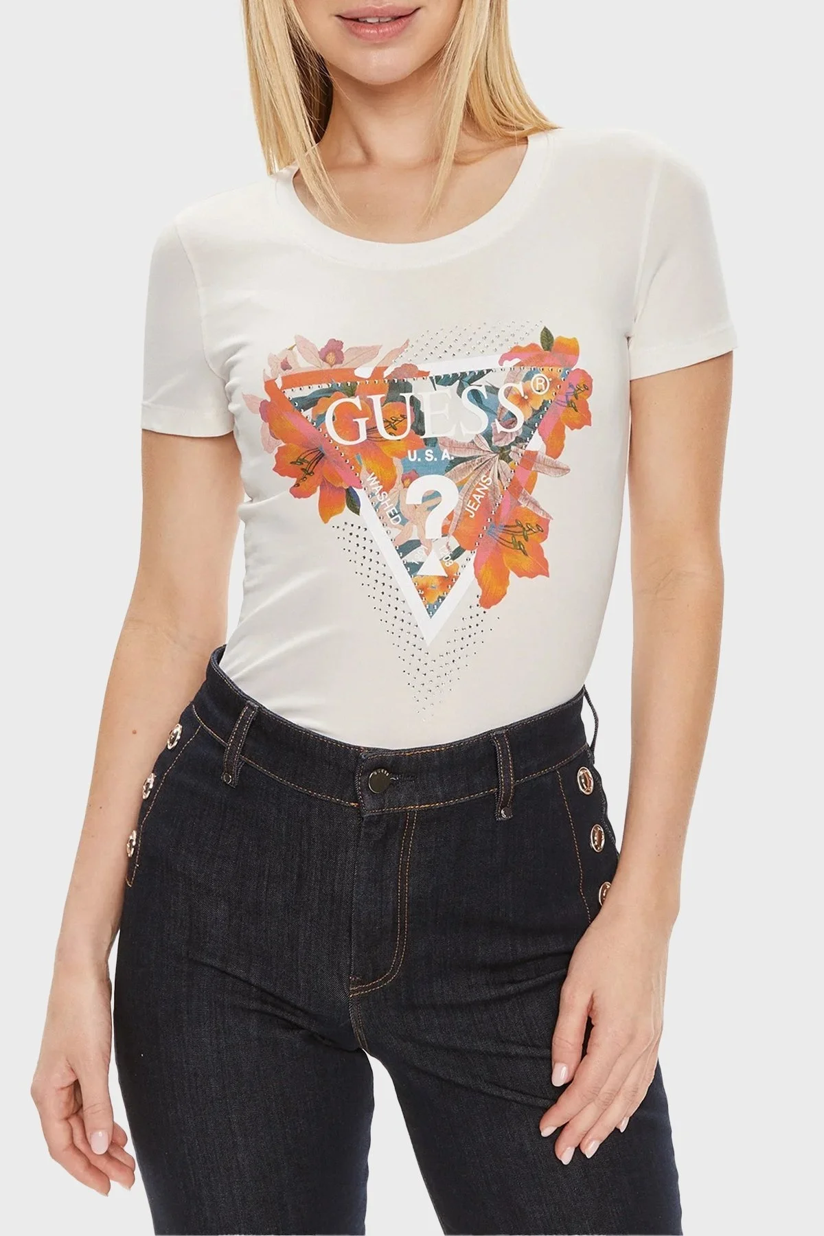 Guess Ss Cn Tropical Pamuklu Slim Fit W4GI62J1314 Bayan T Shirt W4GI62 J1314 G012 BEYAZ - 1