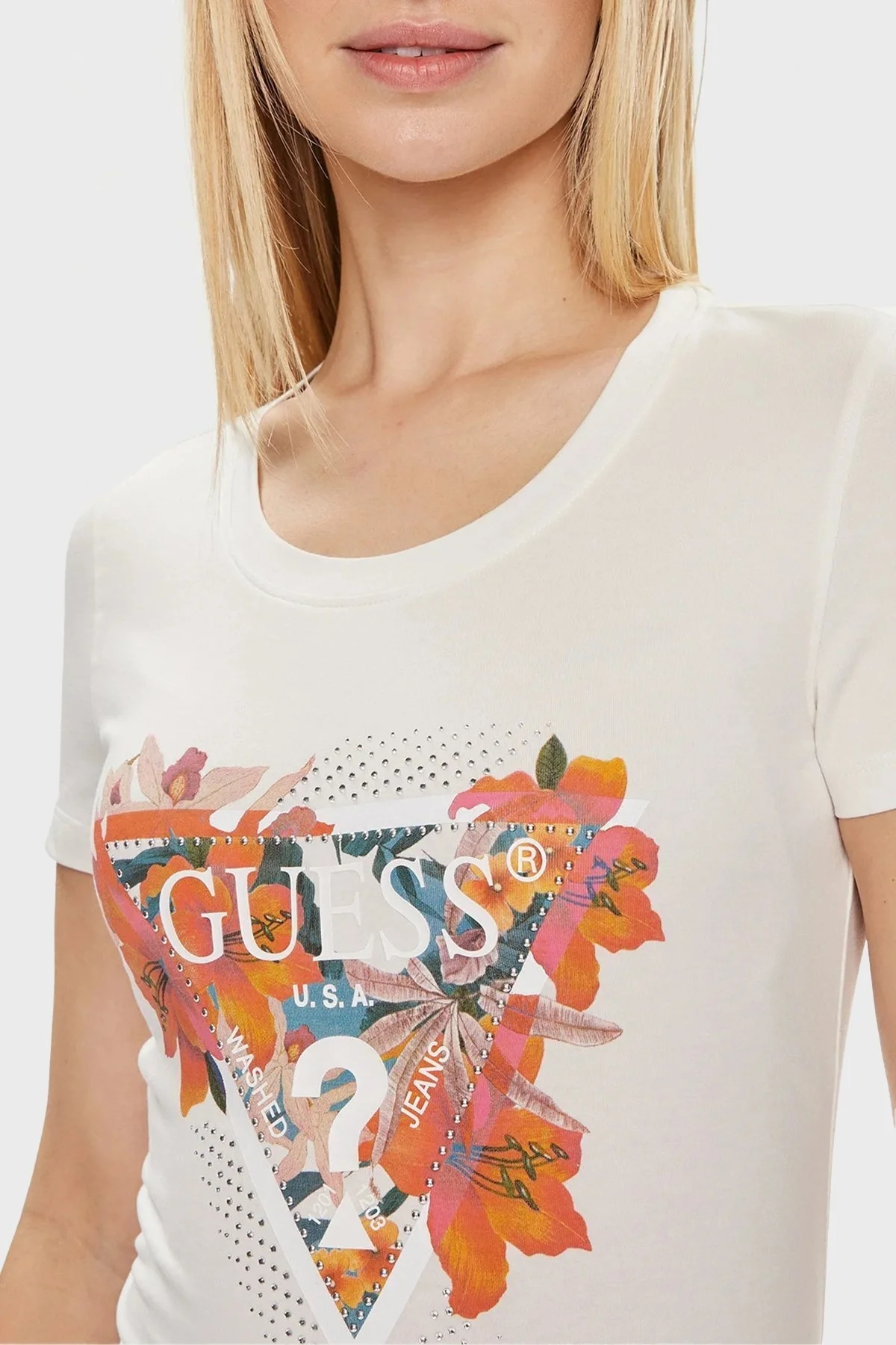 Guess Ss Cn Tropical Pamuklu Slim Fit W4GI62J1314 Bayan T Shirt W4GI62 J1314 G012 BEYAZ - 4