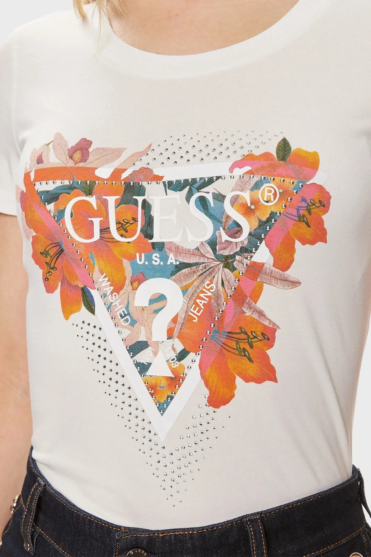 Guess Ss Cn Tropical Pamuklu Slim Fit W4GI62J1314 Bayan T Shirt W4GI62 J1314 G012 BEYAZ - 5