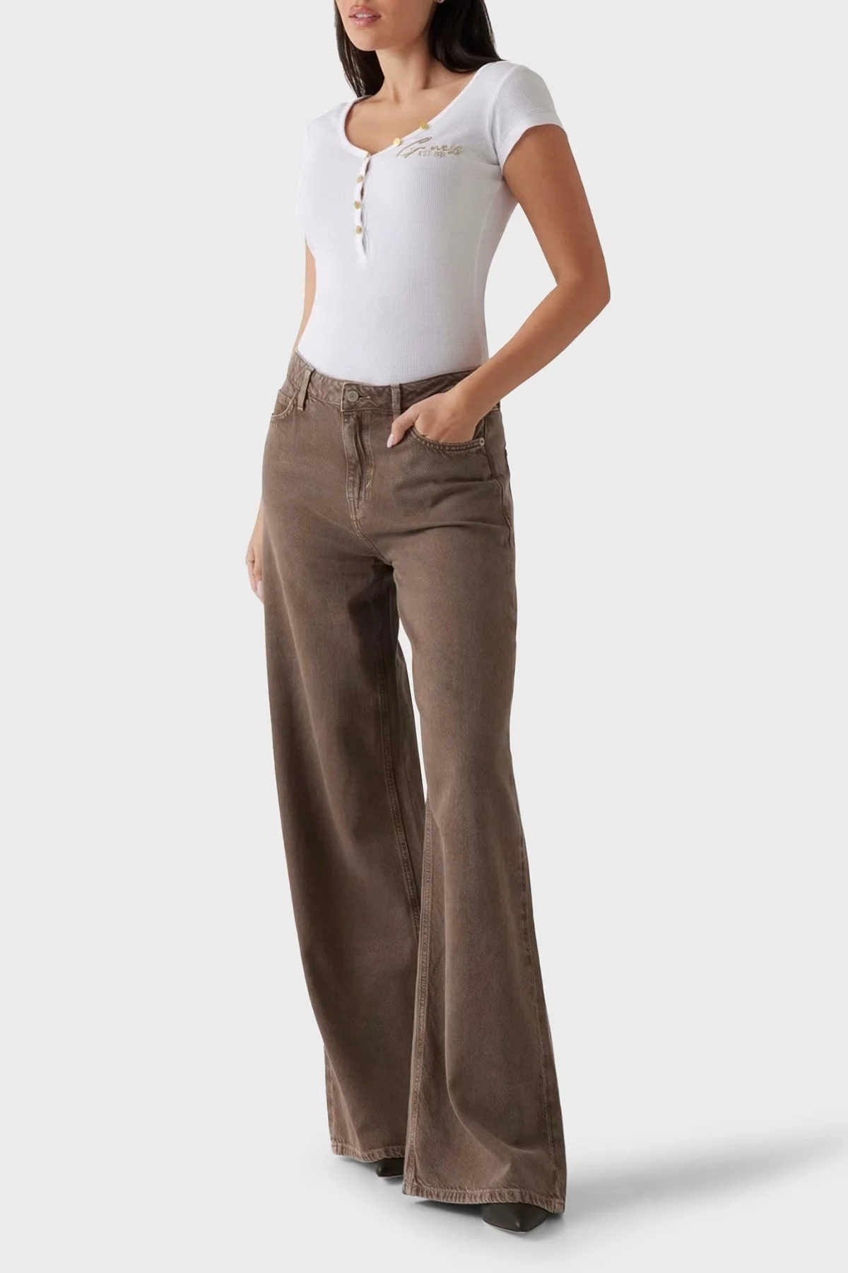 Guess Ss Henley Logolu % 100 Pamuk Slim Fit Düğmeli V Yaka Top W4RP47K1814 Bayan T Shirt W4RP47 K1814 G011 BEYAZ - 7