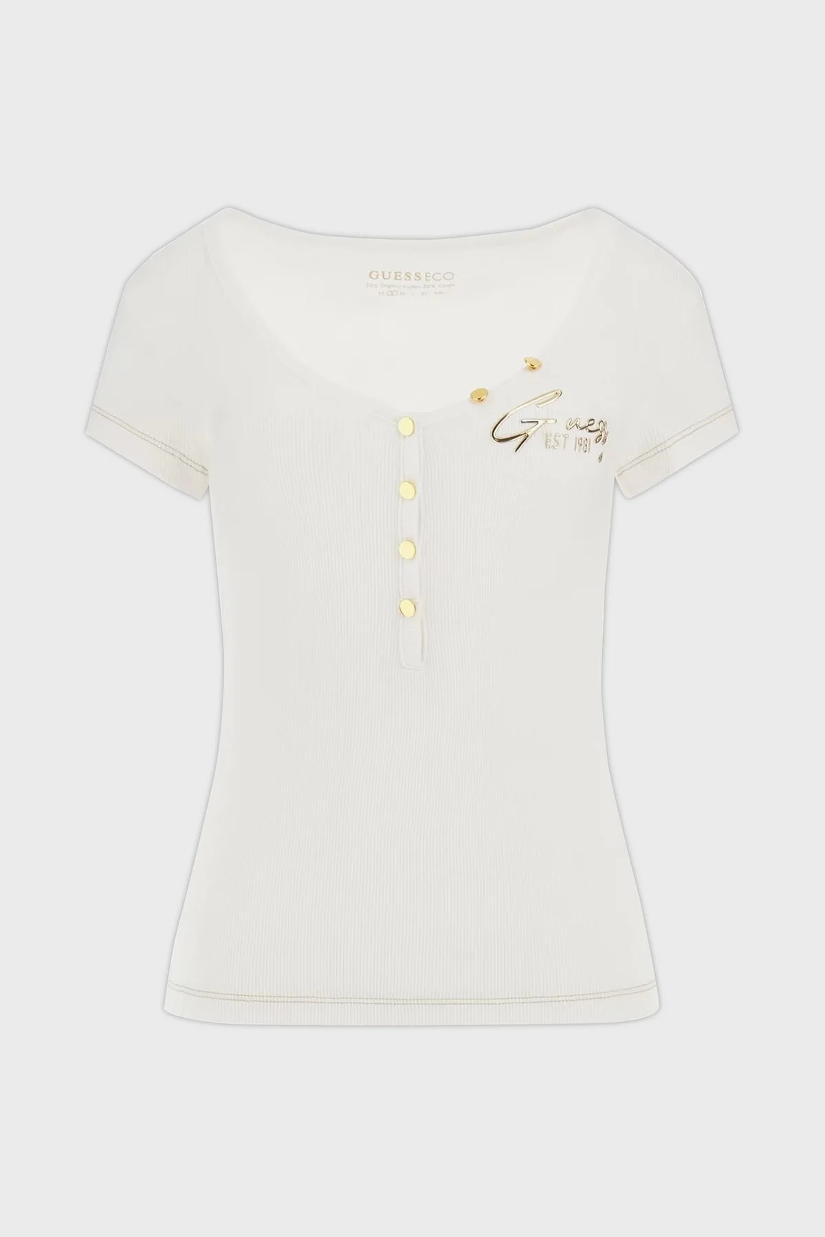 Guess Ss Henley Logolu % 100 Pamuk Slim Fit Düğmeli V Yaka Top W4RP47K1814 Bayan T Shirt W4RP47 K1814 G011 BEYAZ - 10