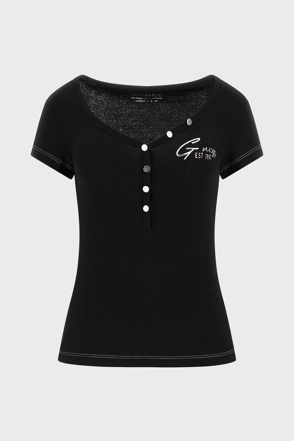 Guess Ss Henley Logolu % 100 Pamuk Slim Fit Düğmeli V Yaka W4RP47K1814 Bayan Top W4RP47 K1814 JBLK SİYAH - 5