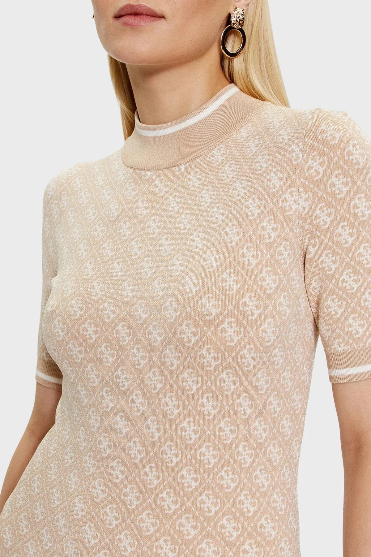 Guess Ss Lise Slim Fit Bisiklet Yaka Logo Desenli Mini W3YK39Z37K0 Bayan Elbise W3YK39 Z37K0 F05O BEJ - 4