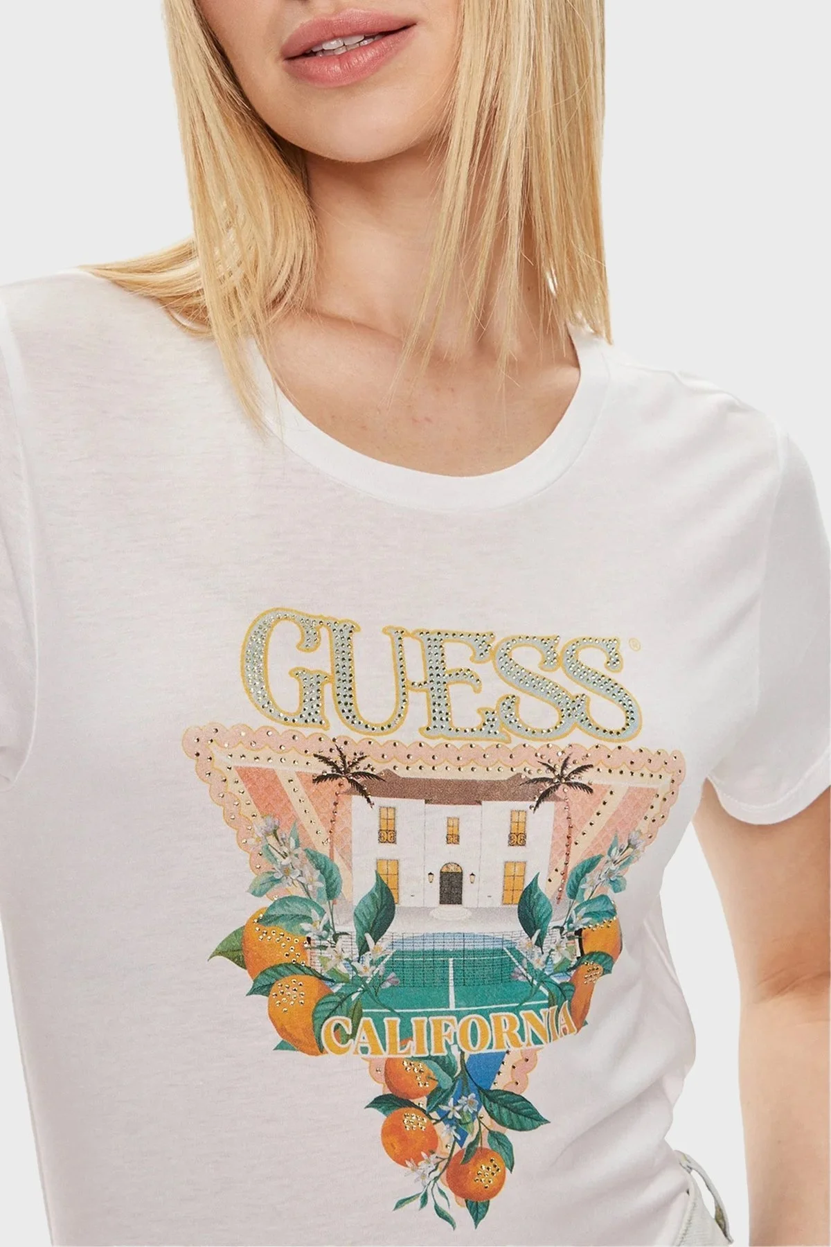 Guess Ss Mansion Pamuklu Bisiklet Yaka W4GI53K9SN1 Bayan T Shirt W4GI53 K9SN1 G011 BEYAZ - 4