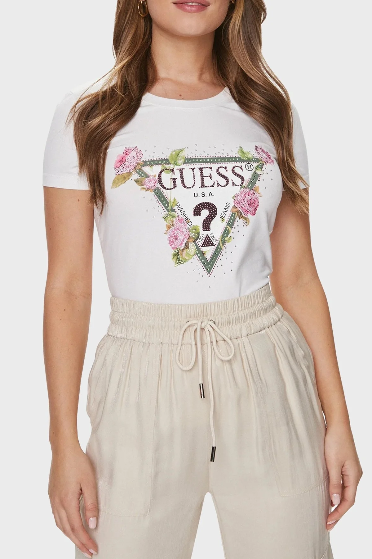 Guess Ss Rn Floral Pamuklu Slim Fit Bisiklet Yaka W4RI28J1314G011 Bayan T Shirt W4RI28J1314 G011 BEYAZ - 1