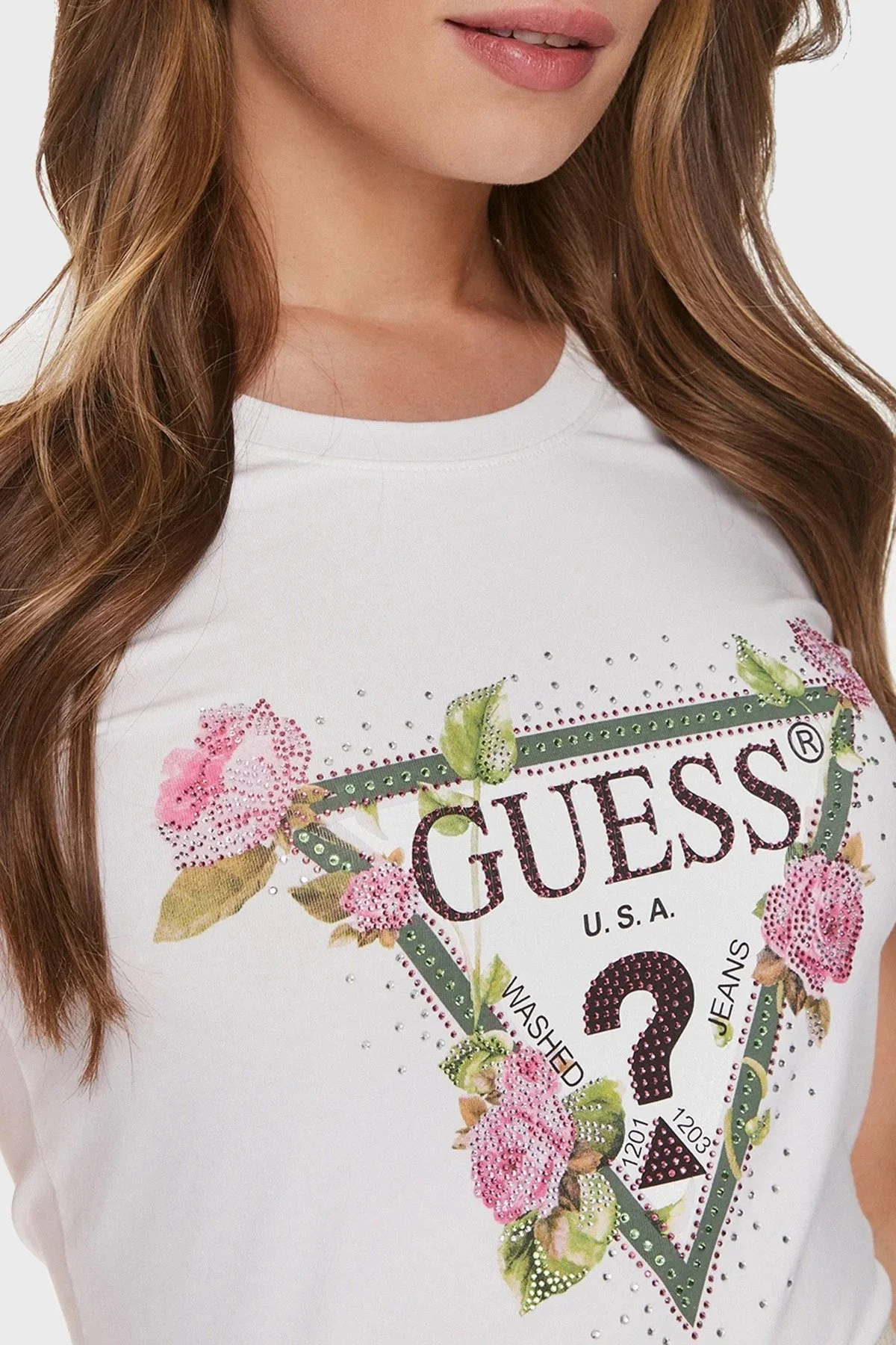 Guess Ss Rn Floral Pamuklu Slim Fit Bisiklet Yaka W4RI28J1314G011 Bayan T Shirt W4RI28J1314 G011 BEYAZ - 4