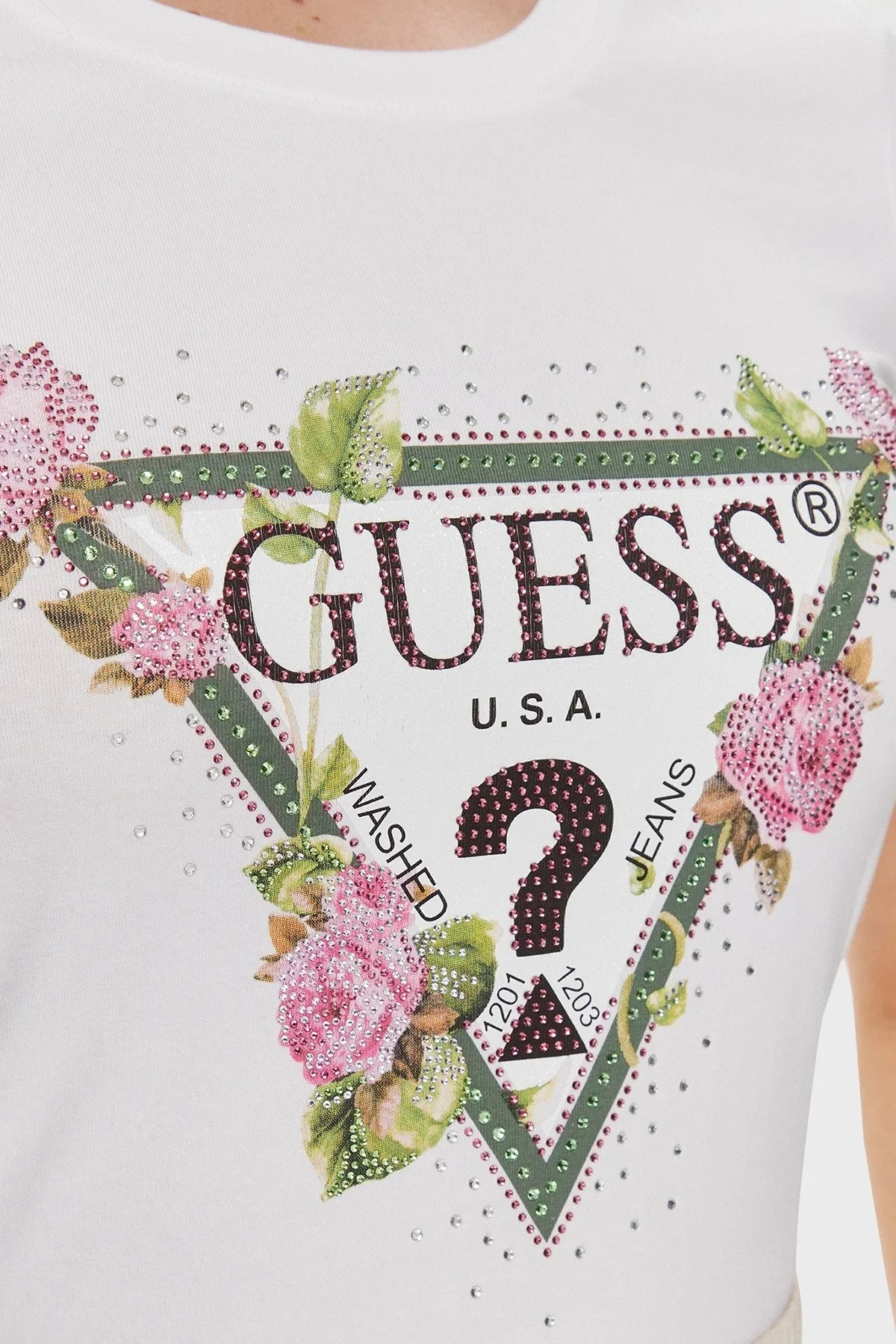 Guess Ss Rn Floral Pamuklu Slim Fit Bisiklet Yaka W4RI28J1314G011 Bayan T Shirt W4RI28J1314 G011 BEYAZ - 5