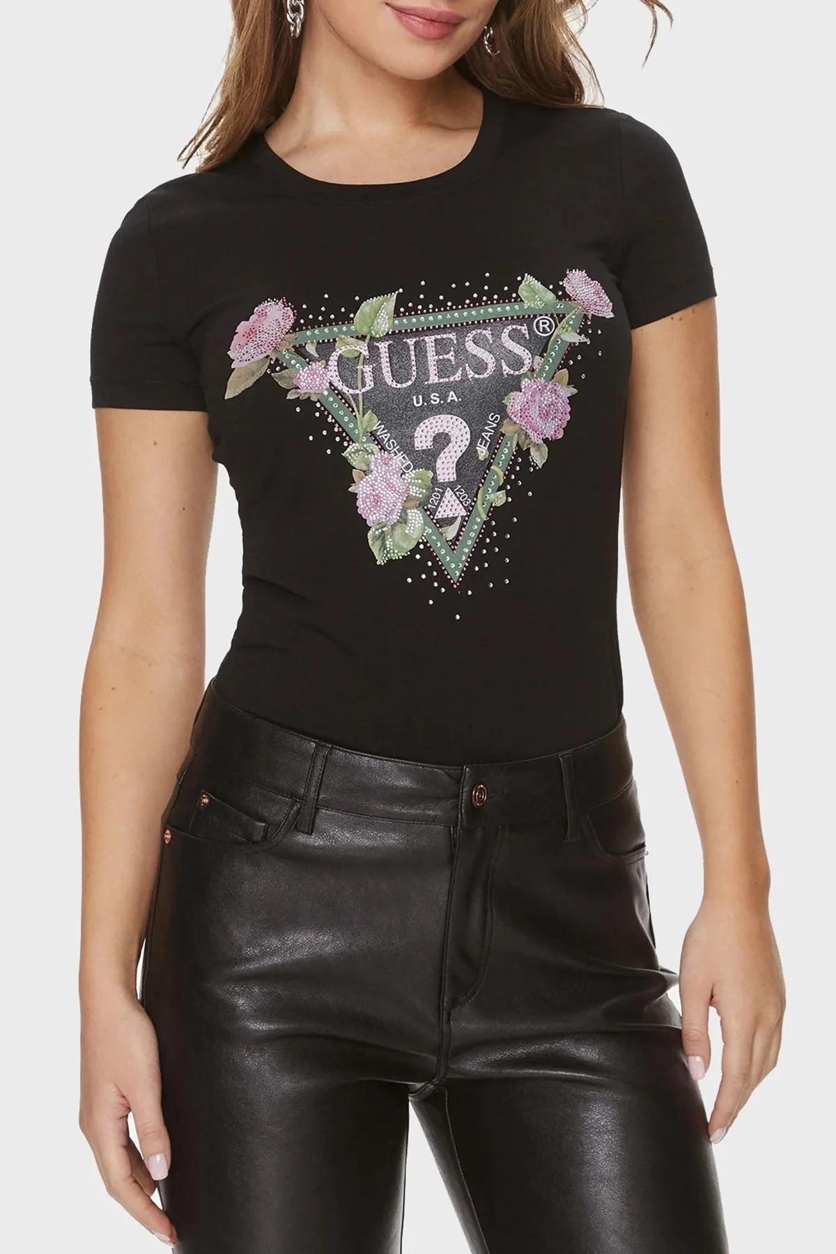 Guess Ss Rn Floral Pamuklu Slim Fit Bisiklet Yaka W4RI28 J1314 Bayan T Shirt W4RI28J1314 JBLK SİYAH - 6