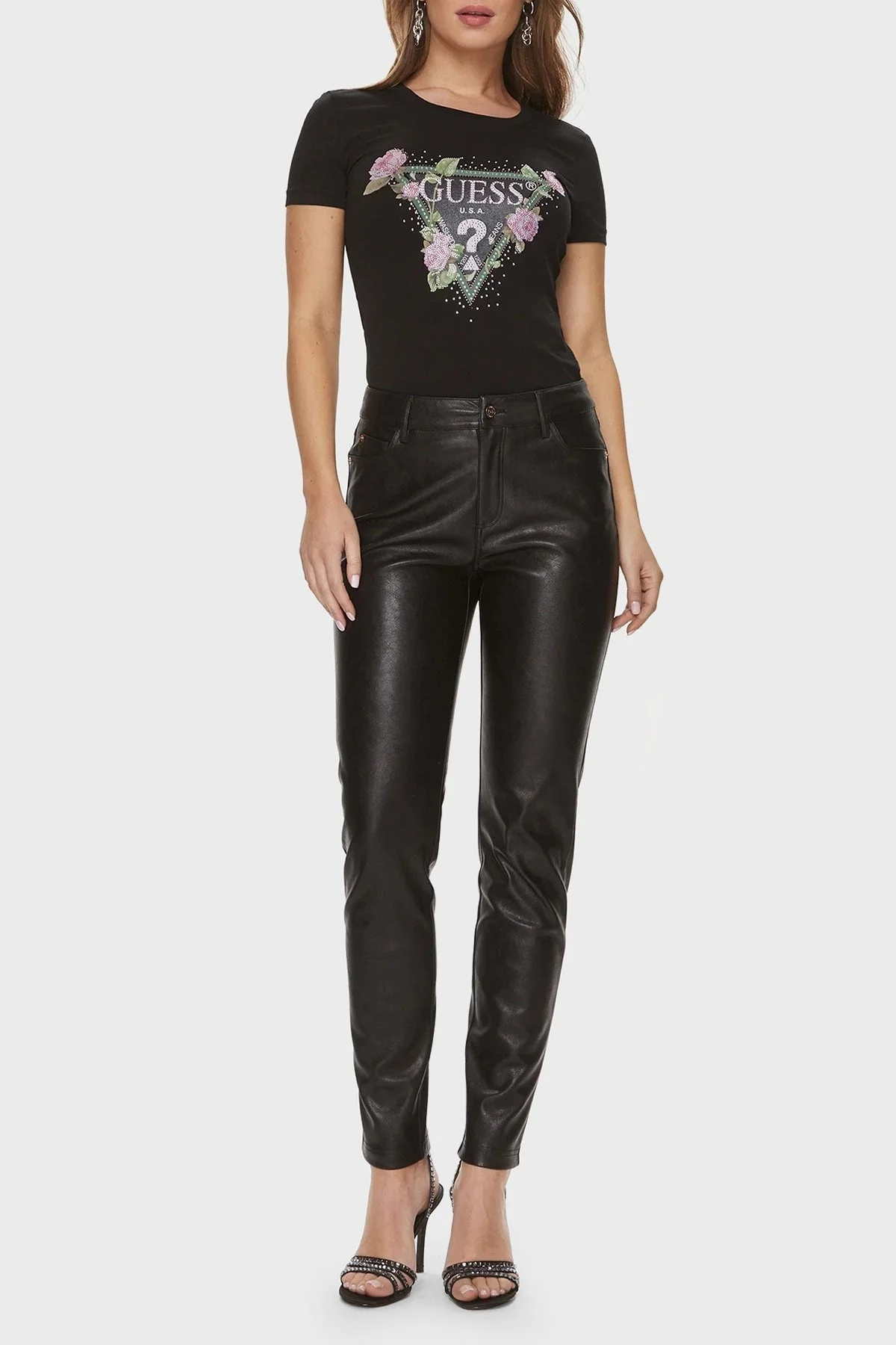 Guess Ss Rn Floral Pamuklu Slim Fit Bisiklet Yaka W4RI28 J1314 Bayan T Shirt W4RI28J1314 JBLK SİYAH - 7