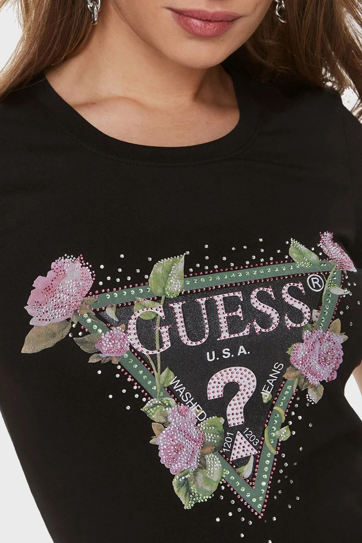 Guess Ss Rn Floral Pamuklu Slim Fit Bisiklet Yaka W4RI28 J1314 Bayan T Shirt W4RI28J1314 JBLK SİYAH - 9