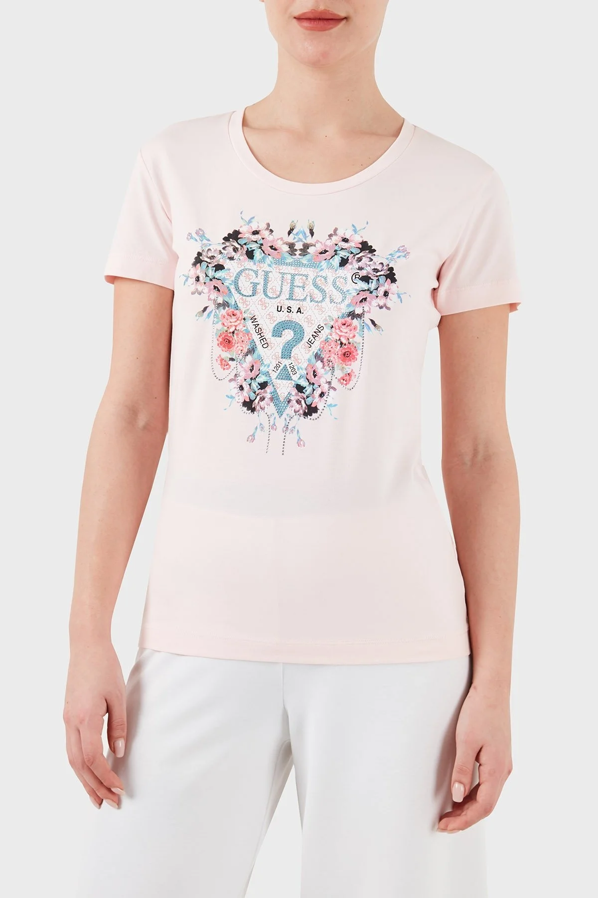 Guess Ss Rn Flowers Pamuklu Slim Fit W4RI38 J1314 Bayan T Shirt W4RI38J1314 A60W PUDRA - 1