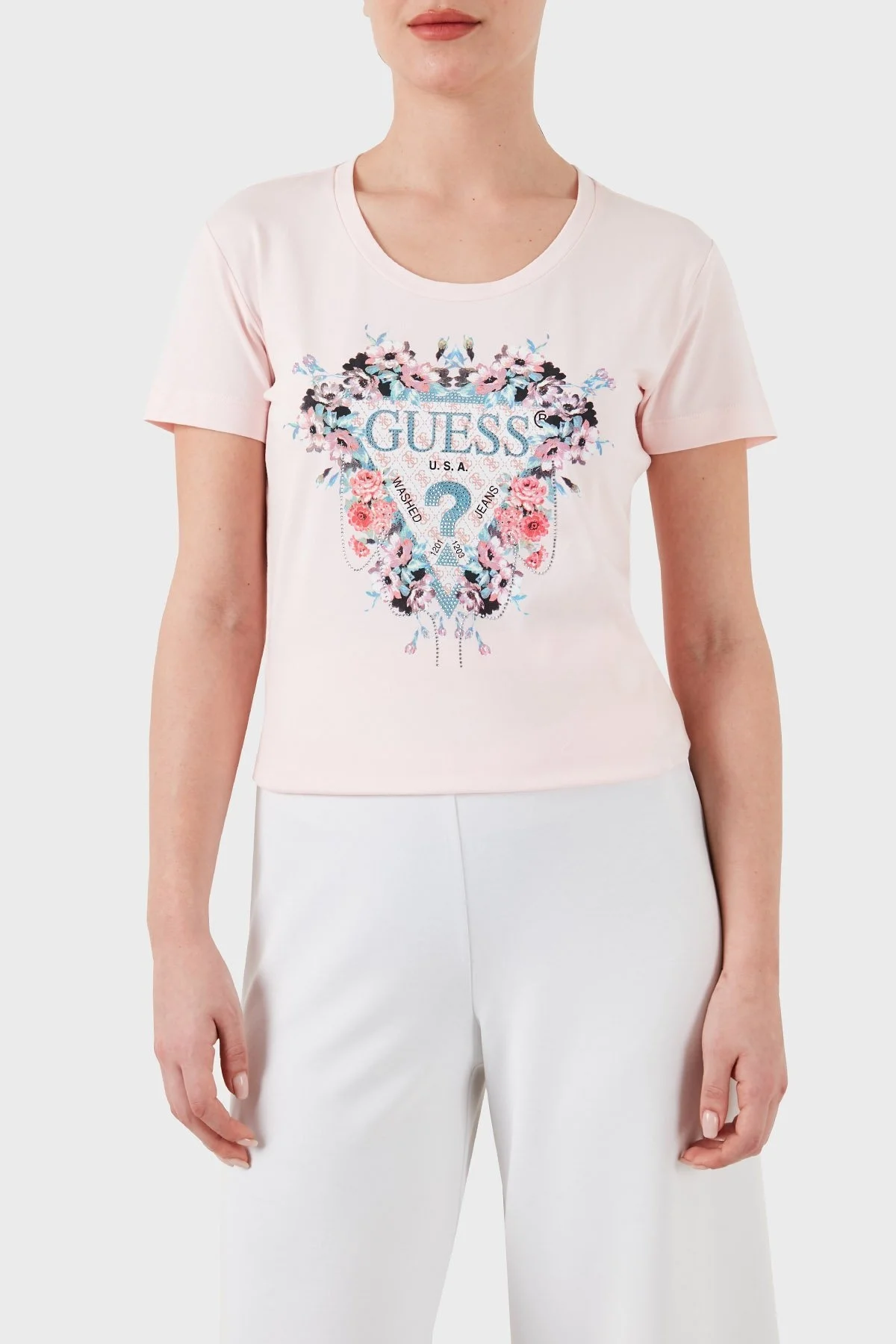 Guess Ss Rn Flowers Pamuklu Slim Fit W4RI38 J1314 Bayan T Shirt W4RI38J1314 A60W PUDRA - 3