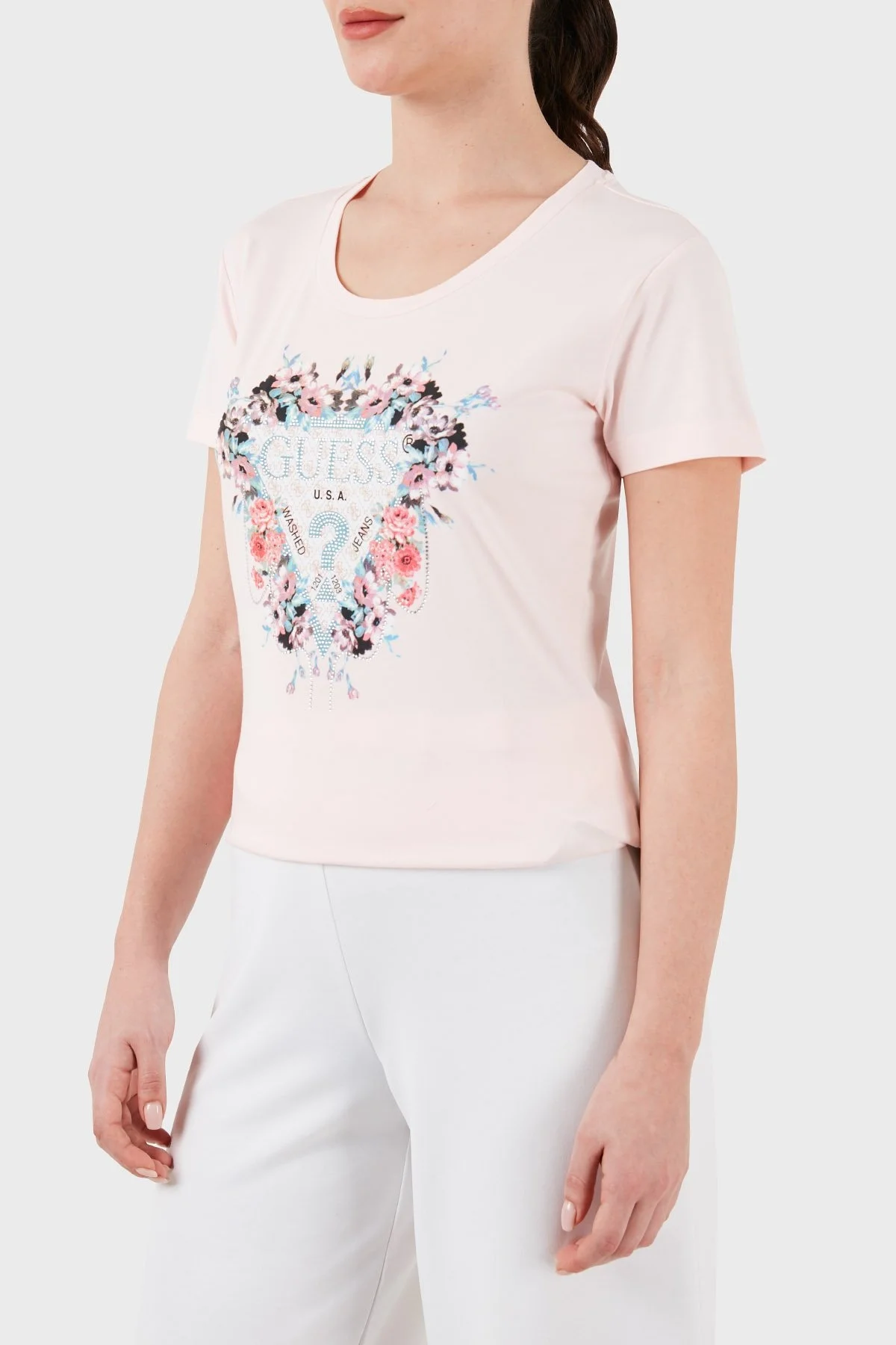 Guess Ss Rn Flowers Pamuklu Slim Fit W4RI38 J1314 Bayan T Shirt W4RI38J1314 A60W PUDRA - 4