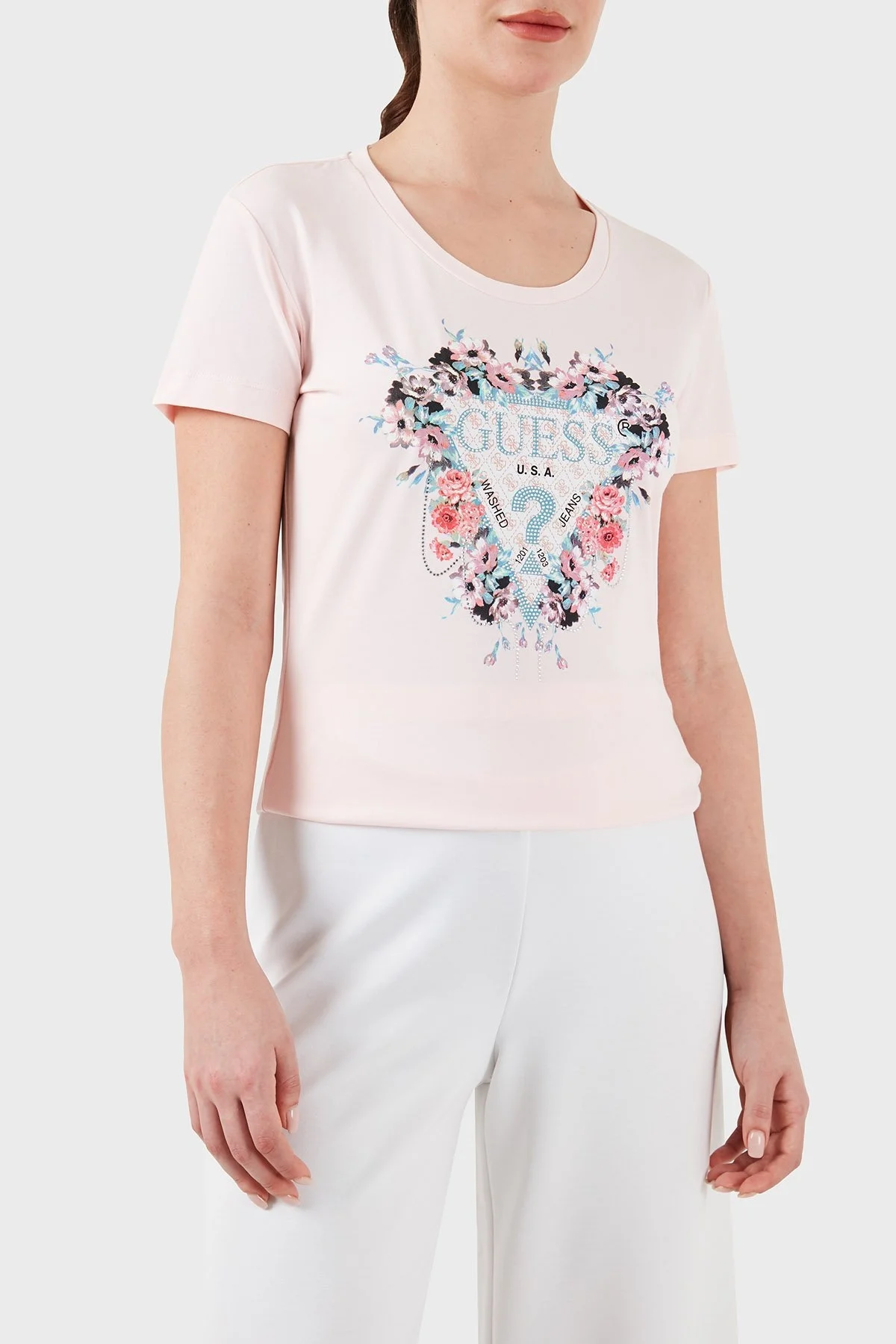 Guess Ss Rn Flowers Pamuklu Slim Fit W4RI38 J1314 Bayan T Shirt W4RI38J1314 A60W PUDRA - 6