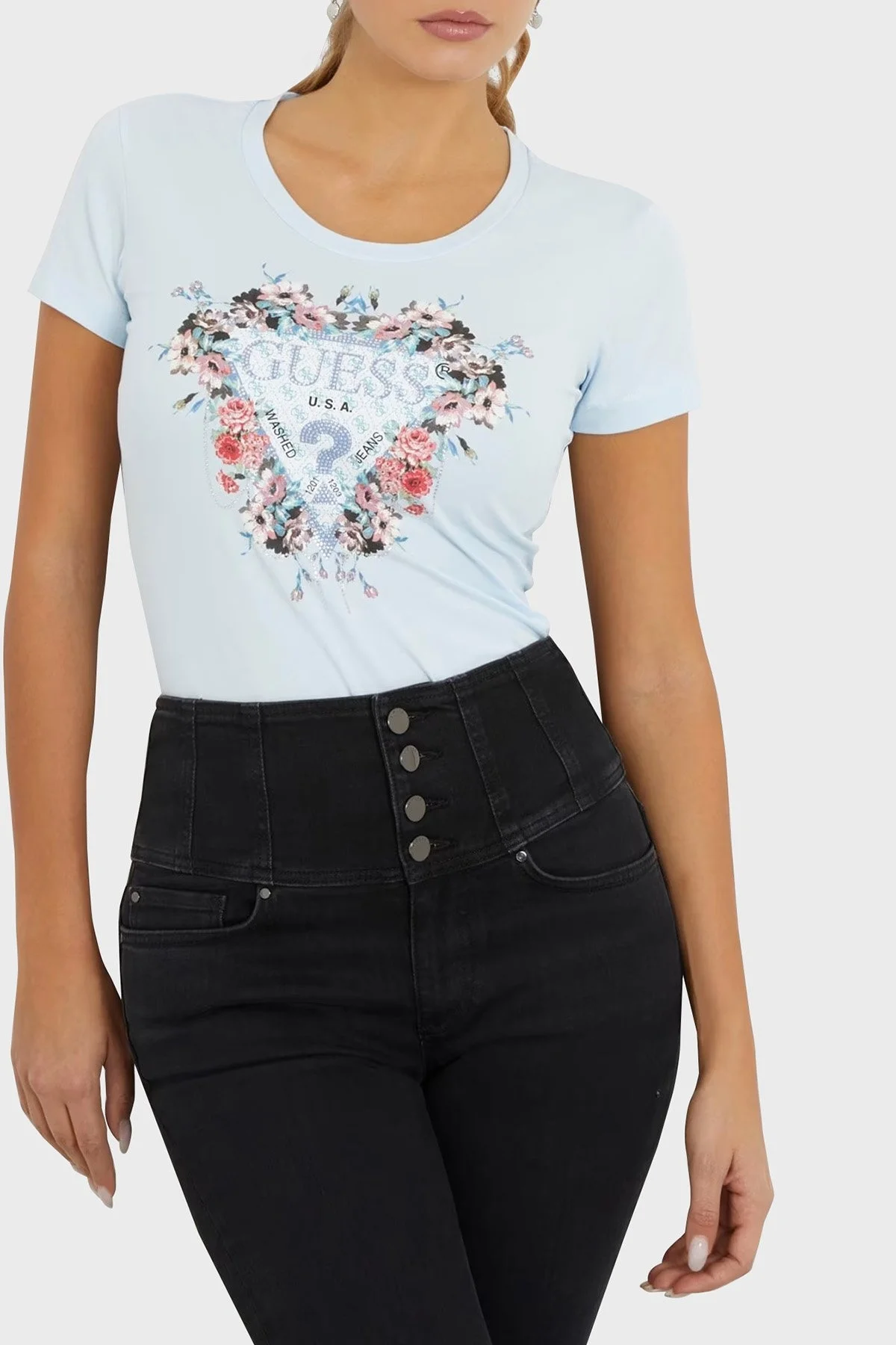 Guess Ss Rn Flowers Pamuklu Slim Fit W4RI38 J1314 Bayan T Shirt W4RI38J1314 A72R MİNT - 1