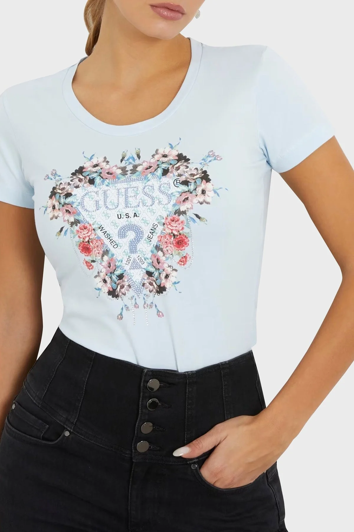 Guess Ss Rn Flowers Pamuklu Slim Fit W4RI38 J1314 Bayan T Shirt W4RI38J1314 A72R MİNT - 4