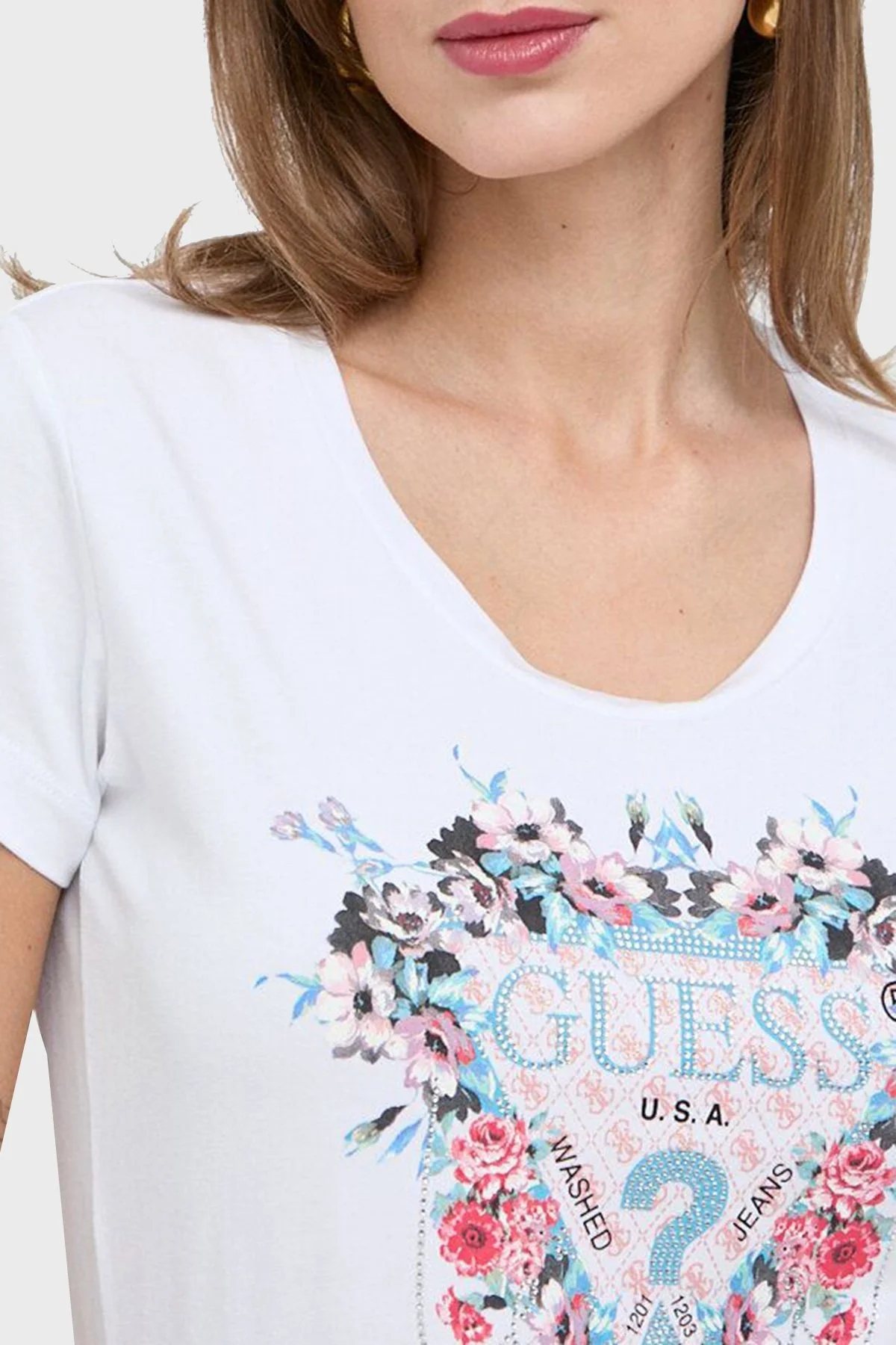 Guess Ss Rn Flowers Pamuklu Slim Fit W4RI38 J1314 Bayan T Shirt W4RI38J1314 G011 BEYAZ - 9