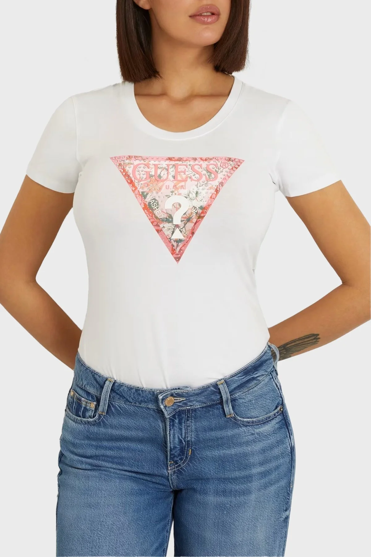 Guess Ss Rn Satın Pamuklu Slim Fit W4GI21J1314 Bayan T Shirt W4GI21 J1314 G011 BEYAZ - 1