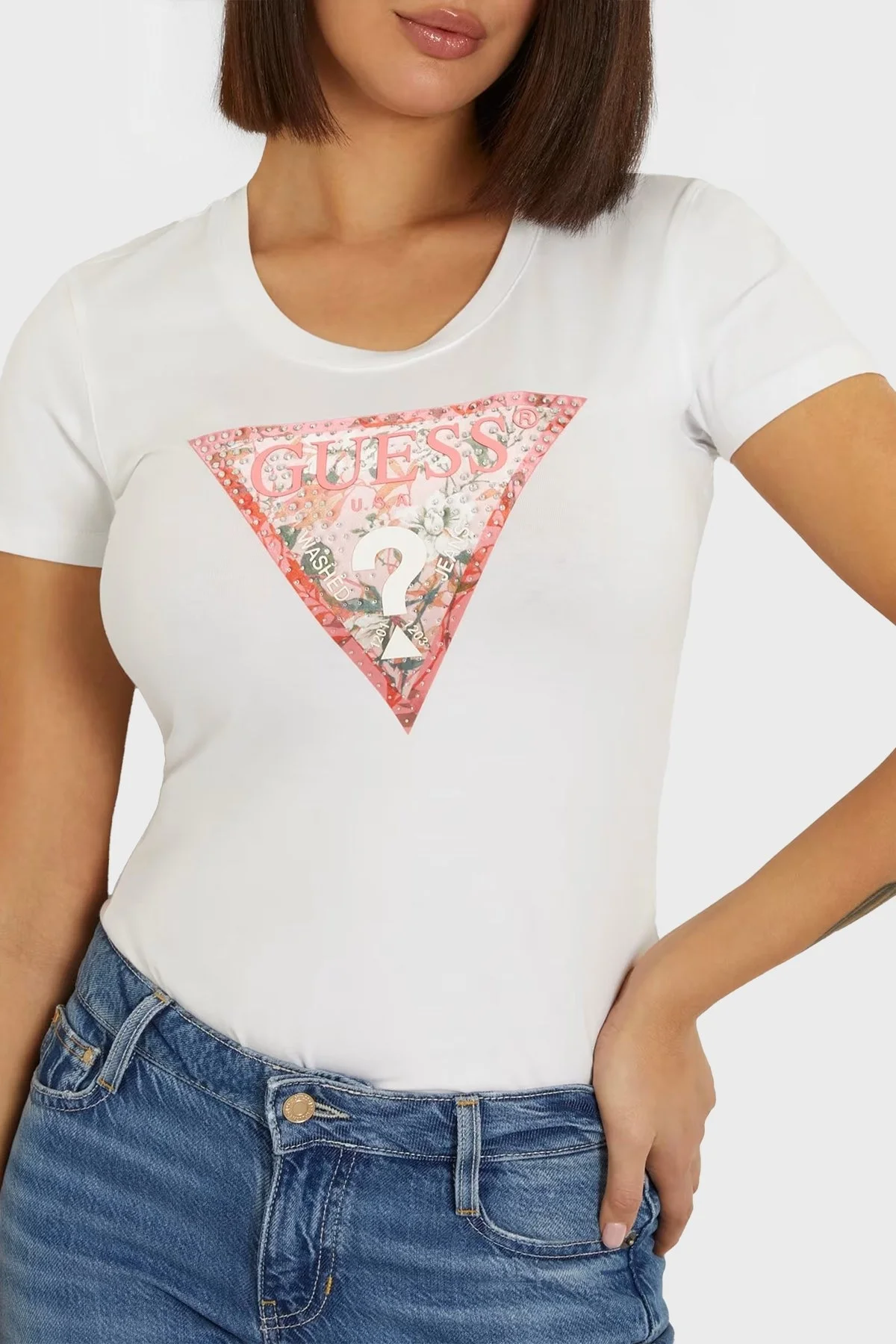 Guess Ss Rn Satın Pamuklu Slim Fit W4GI21J1314 Bayan T Shirt W4GI21 J1314 G011 BEYAZ - 4