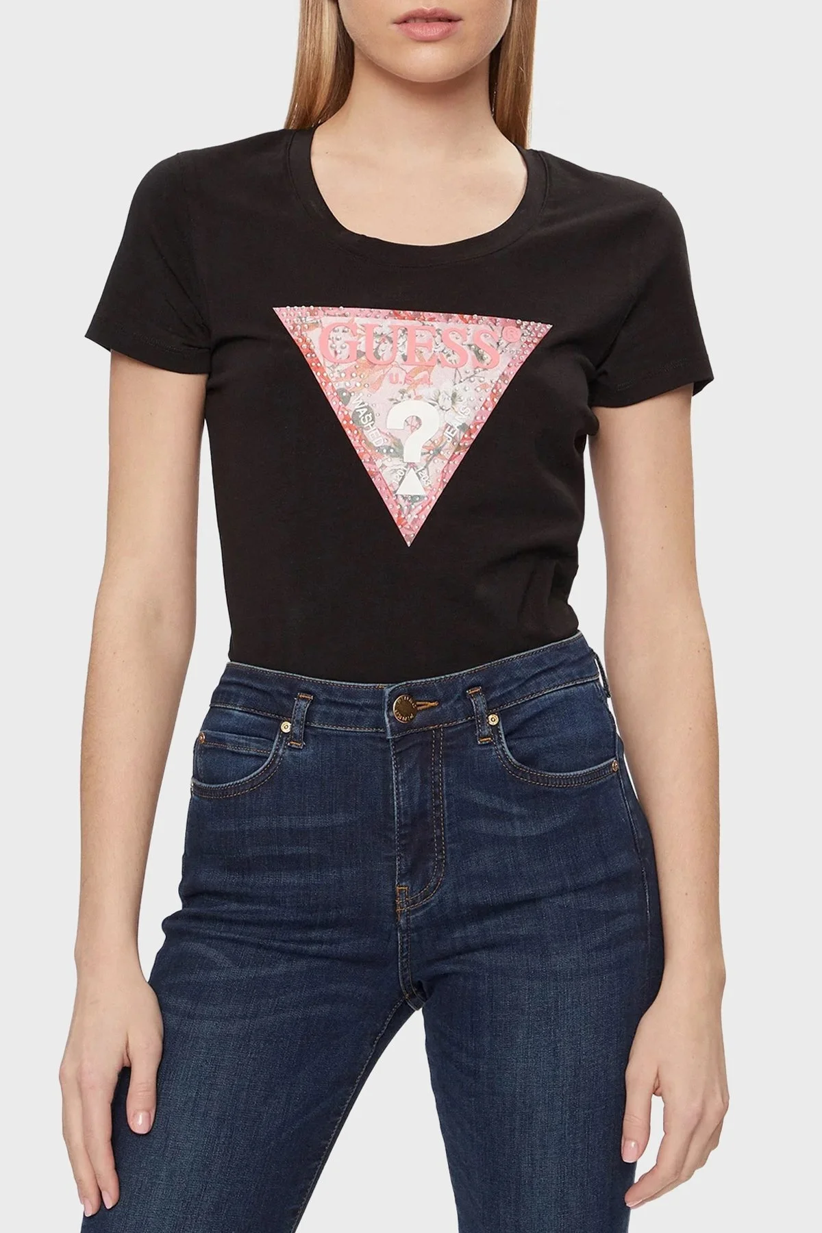 Guess Ss Rn Satın Pamuklu Slim Fit W4GI21J1314 Bayan T Shirt W4GI21 J1314 JBLK SİYAH - 1