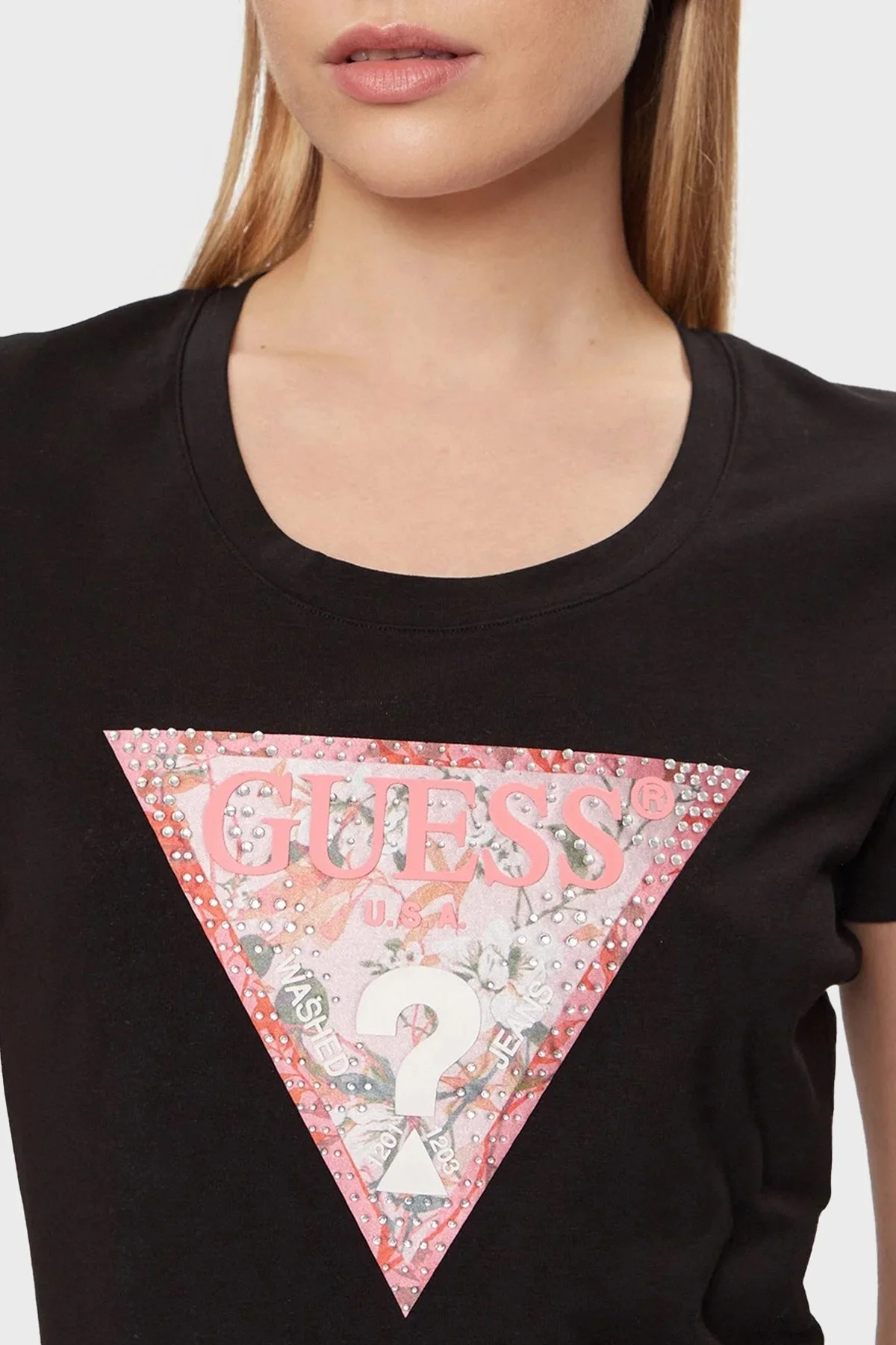 Guess Ss Rn Satın Pamuklu Slim Fit W4GI21J1314 Bayan T Shirt W4GI21 J1314 JBLK SİYAH - 4