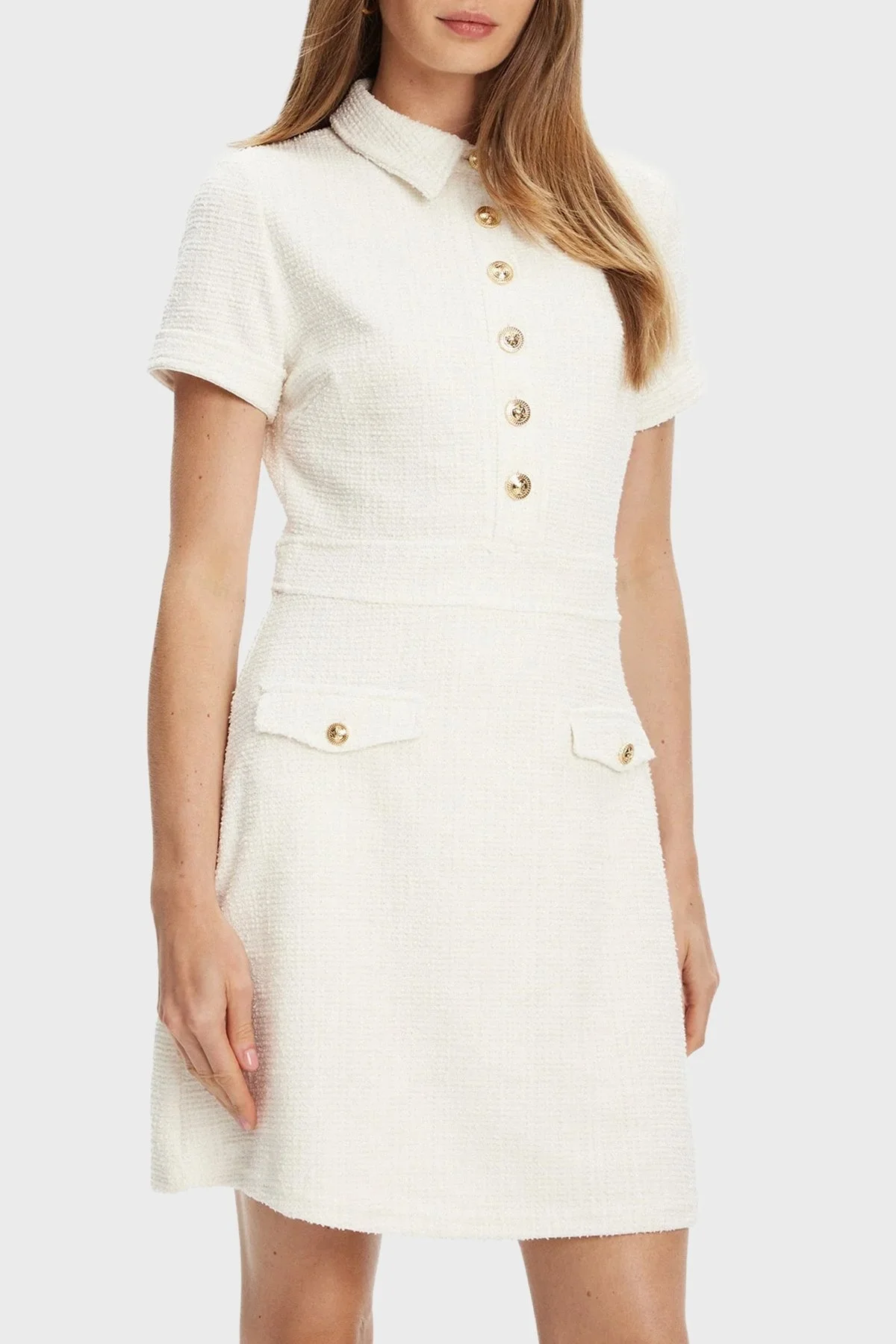 Guess Ss Tamara Regular Fit Gömlek Yaka Düğme Detaylı Tüvit Mini W5YK18KCXO2 Bayan Elbise W5YK18 KCXO2 F0FD BEYAZ - 1