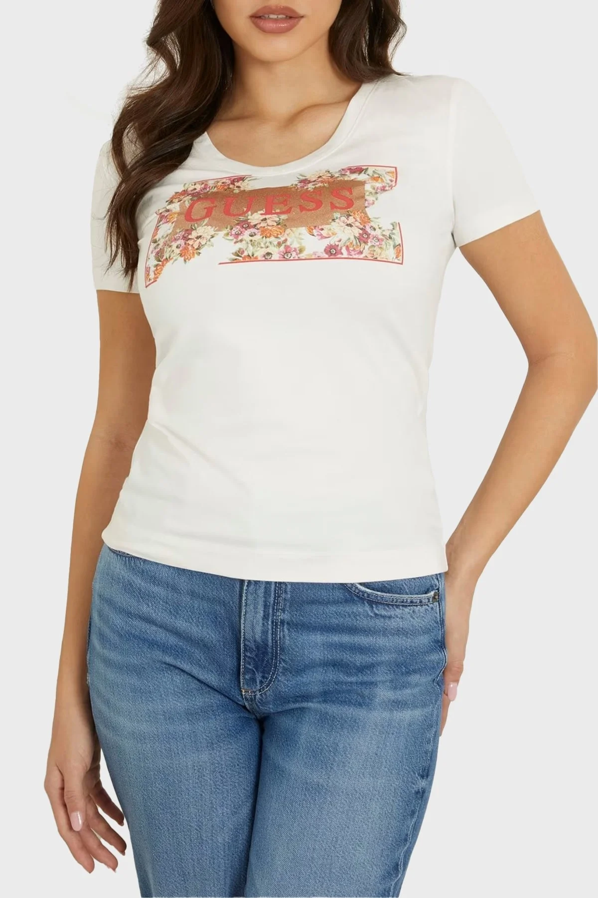 Guess Ss Vn Logo Streç Pamuklu Slim Fit W4GI23J1314 Bayan T Shirt W4GI23 J1314 G012 BEYAZ - 1