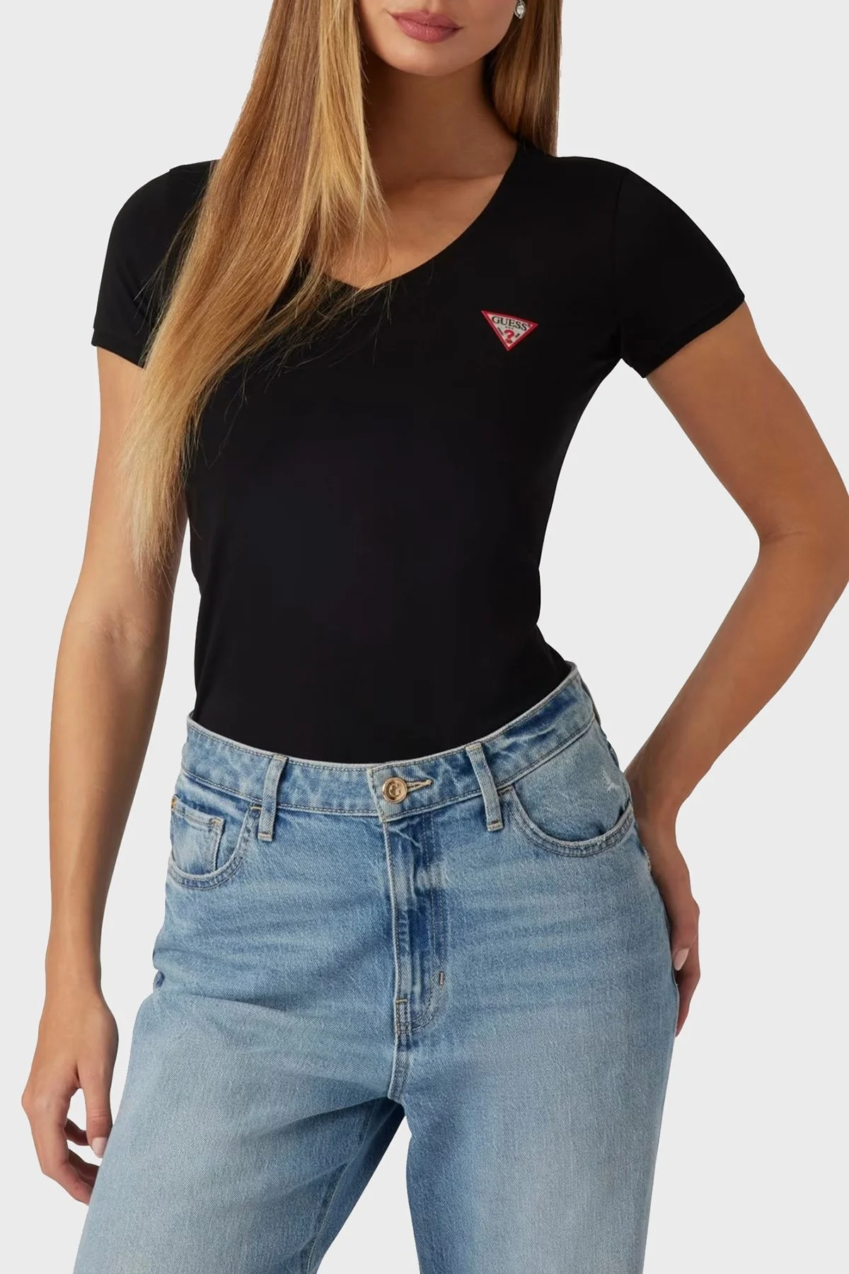 Guess Ss Vn Streç Pamuklu Slim Fit V Yaka Logolu W2YI45J1314 Bayan T Shirt W2YI45 J1314 JBLK SİYAH - 6