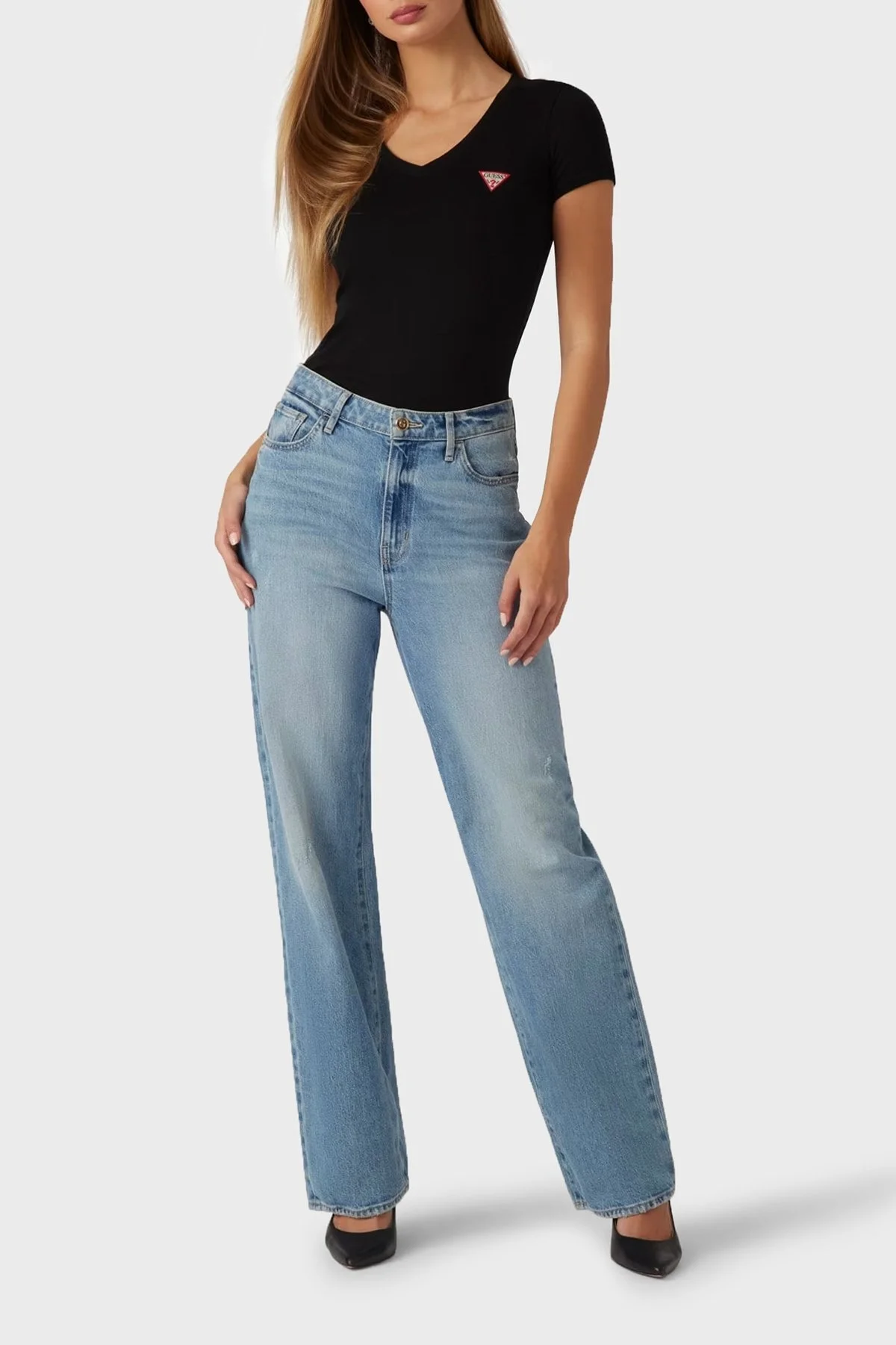 Guess Ss Vn Streç Pamuklu Slim Fit V Yaka Logolu W2YI45J1314 Bayan T Shirt W2YI45 J1314 JBLK SİYAH - 7