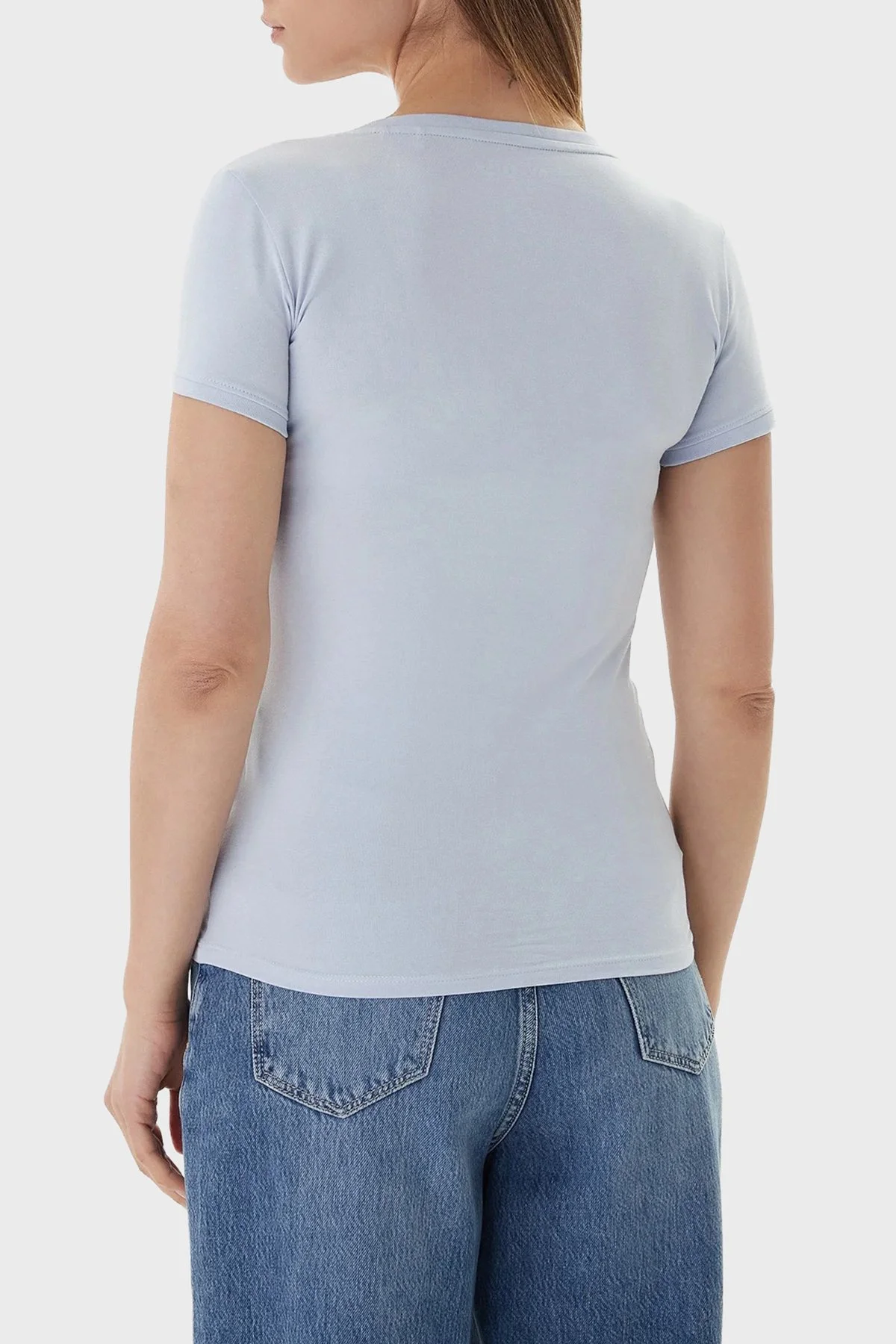 Guess Streç Pamuklu Slim Fit V Yaka Logolu W2YI45J1314 Bayan T Shirt W2YI45 J1314 G7S1 MAVİ - 3