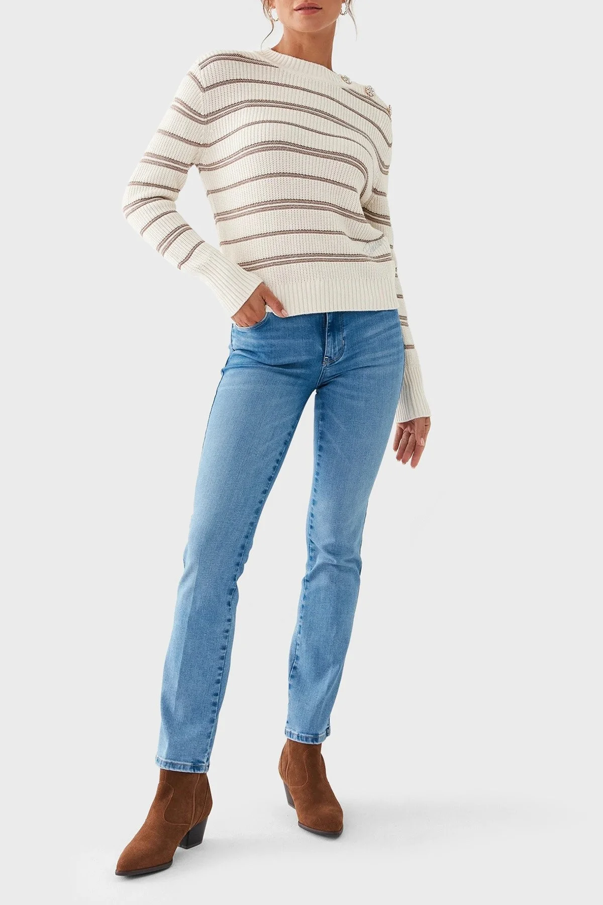 Guess Striped Pamuklu Regular Fit Bayan Kazak W3YR27 Z37L1 S02V EKRU - 1