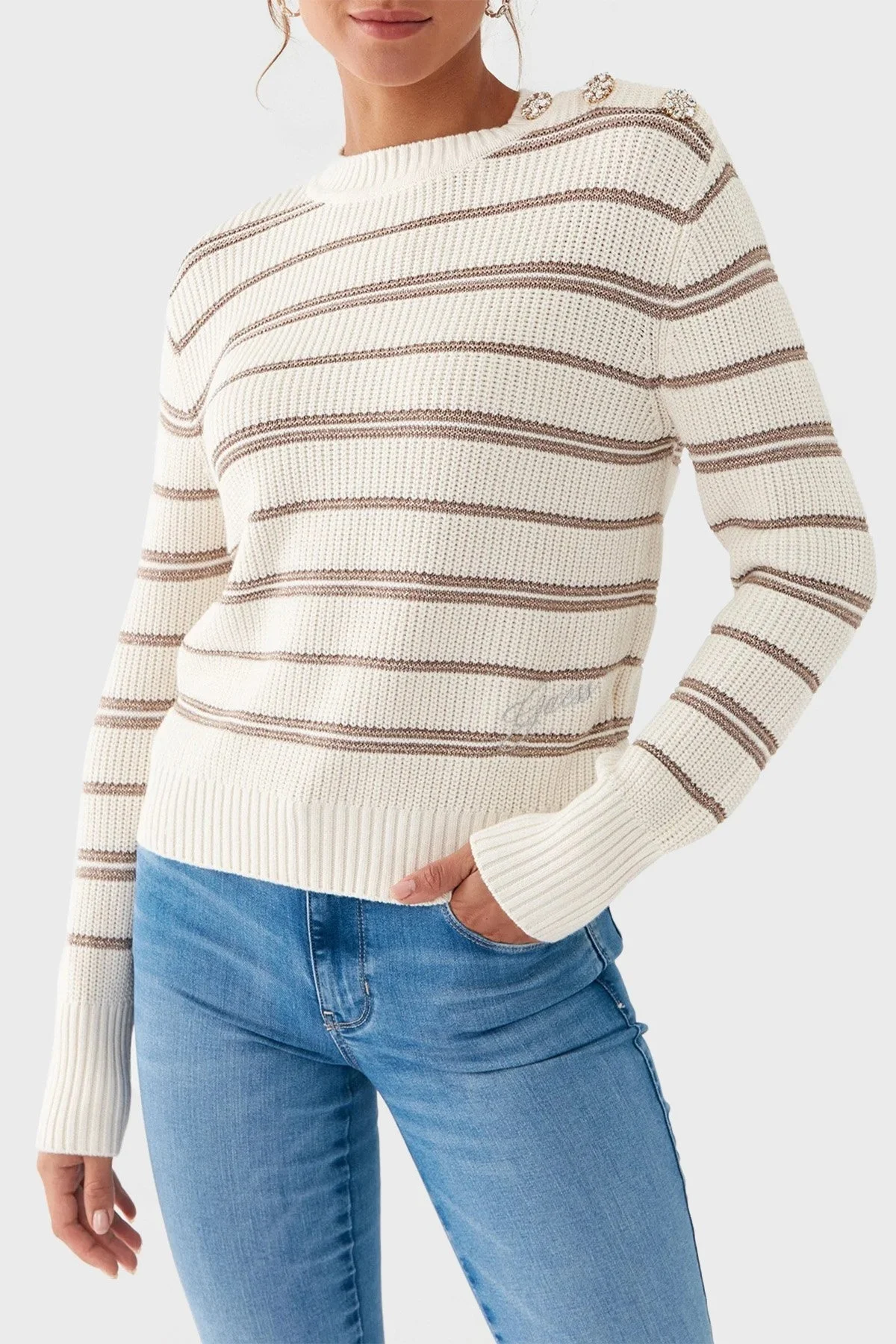 Guess Striped Pamuklu Regular Fit Bayan Kazak W3YR27 Z37L1 S02V EKRU - 2