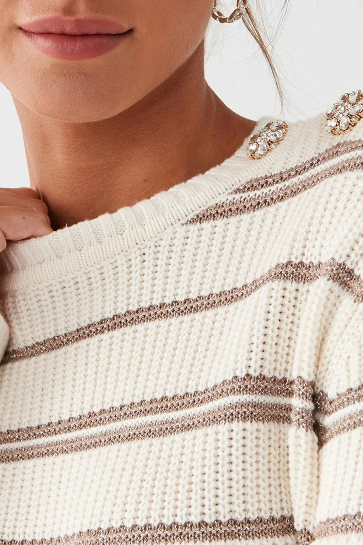 Guess Striped Pamuklu Regular Fit Bayan Kazak W3YR27 Z37L1 S02V EKRU - 4