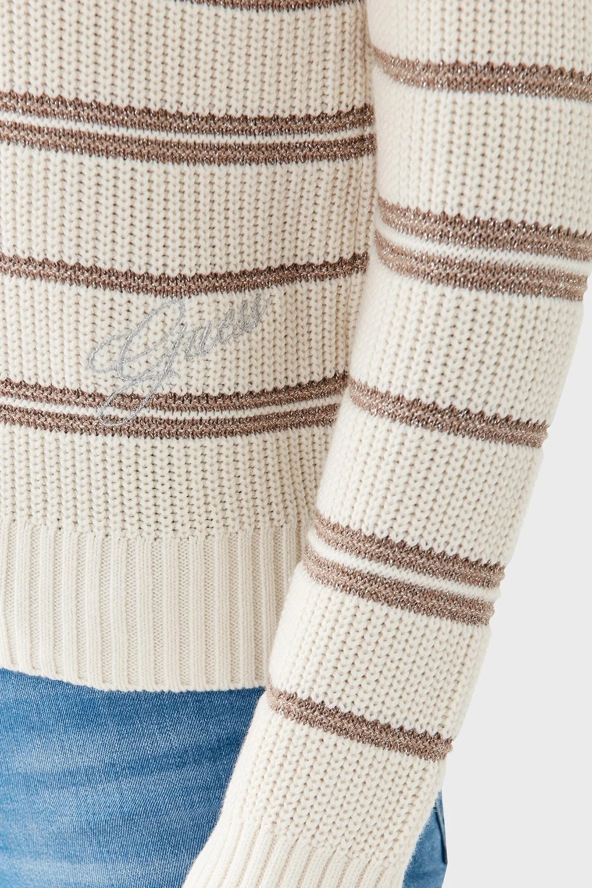 Guess Striped Pamuklu Regular Fit Bayan Kazak W3YR27 Z37L1 S02V EKRU - 5